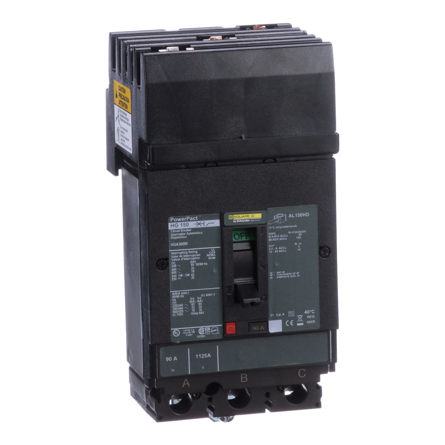 HGA36090 I-Line PowerPact 80% Rated Type HGA Molded Case Circuit Breaker, 600 V AC/250 to 500 V DC, 90 A, 250 VDC/500 VDC/600 VAC/65 kA at 240 VAC/35 kA at 480 VAC/18 kA at 600 VAC/20 kA at 500 VDC/20 kA at 250 VDC Interrupt, 3 Poles