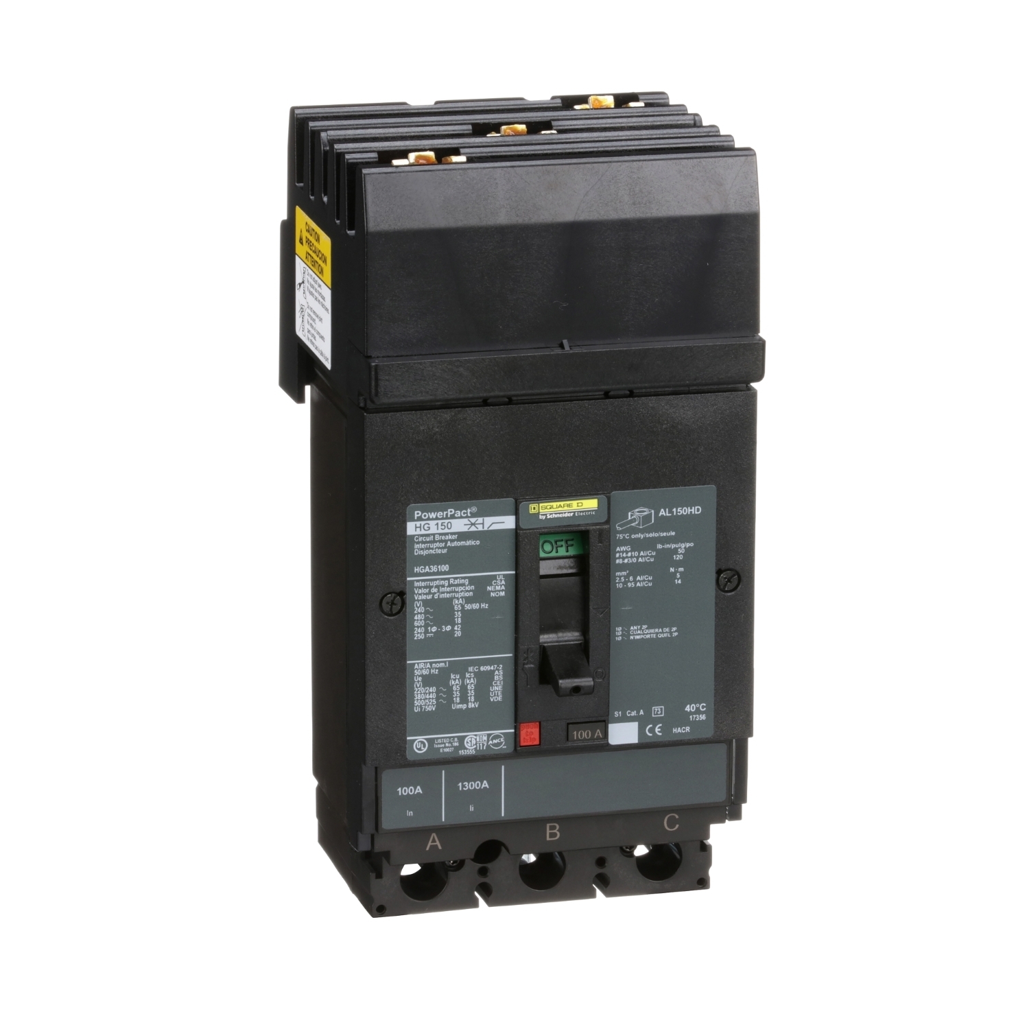 HGA36100 PowerPact 80% Rated Type HGA Molded Case Circuit Breaker, 600 V AC/250 V DC, 100 A, 65 kA at 240 VAC/35 kA at 480 VAC/18 kA at 600 VAC/20 kA at 250VDC Interrupt, 3 Poles, Thermal Magnetic Trip