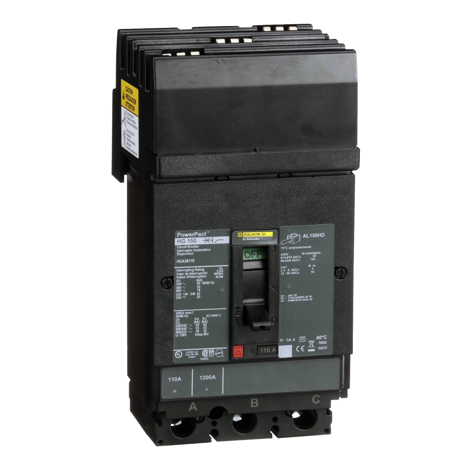HGA36110 HGA 80% Rated Type HGA 3-Pole Molded Case Circuit Breaker, 600 V AC/250/500 V DC, 110 A, 18 to 20 kA Interrupt, 3 Poles, Thermal Magnetic Trip