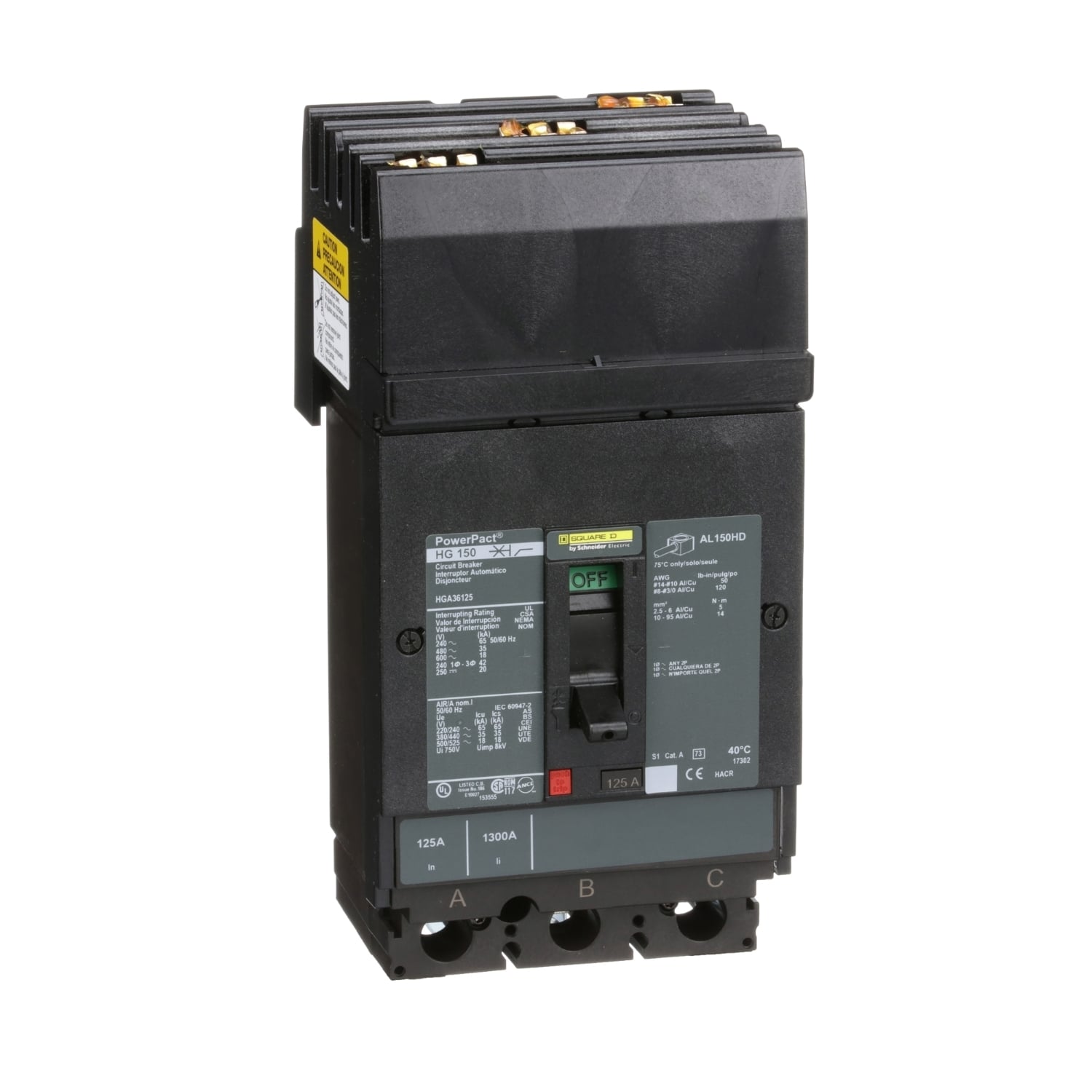 HGA36125 PowerPact 80% Rated Type HGA Molded Case Circuit Breaker, 600 V AC/250 V DC, 125 A, 65 kA at 240 VAC/35 kA at 480 VAC/18 kA at 600 VAC/20 kA at 250VDC Interrupt, 3 Poles, Thermal Magnetic Trip