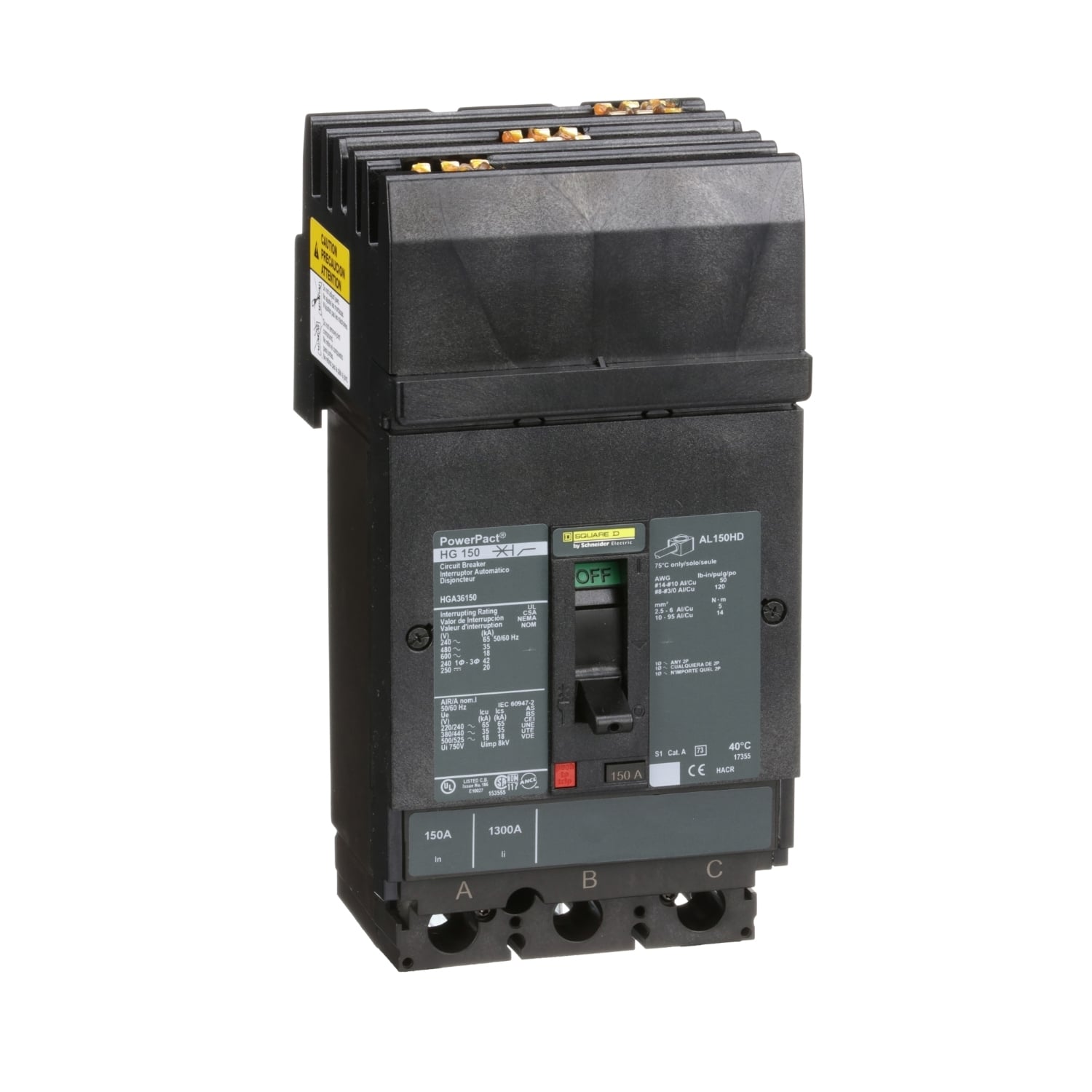 HGA36150 PowerPact 80% Rated Type HGA Molded Case Circuit Breaker, 600 V AC/250 V DC, 150 A, 65 kA at 240 VAC/35 kA at 480 VAC/18 kA at 600 VAC/20 kA at 250VDC Interrupt, 3 Poles, Thermal Magnetic Trip
