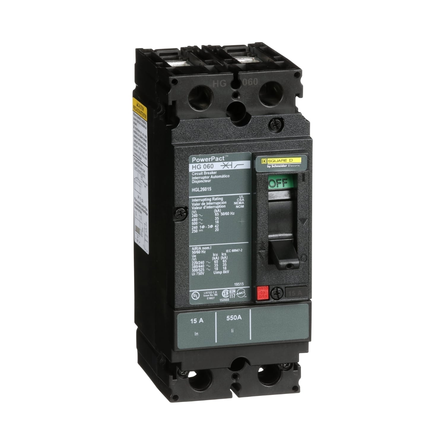 HGL26015 PowerPact 80% Rated Type HGL Molded Case Circuit Breaker, 600 V AC/250 V DC, 15 A, 65 kA at 240 VAC/35 kA at 480 VAC/18 kA at 600 VAC/20 kA at 250VDC Interrupt, 2 Poles, Thermal Magnetic Trip