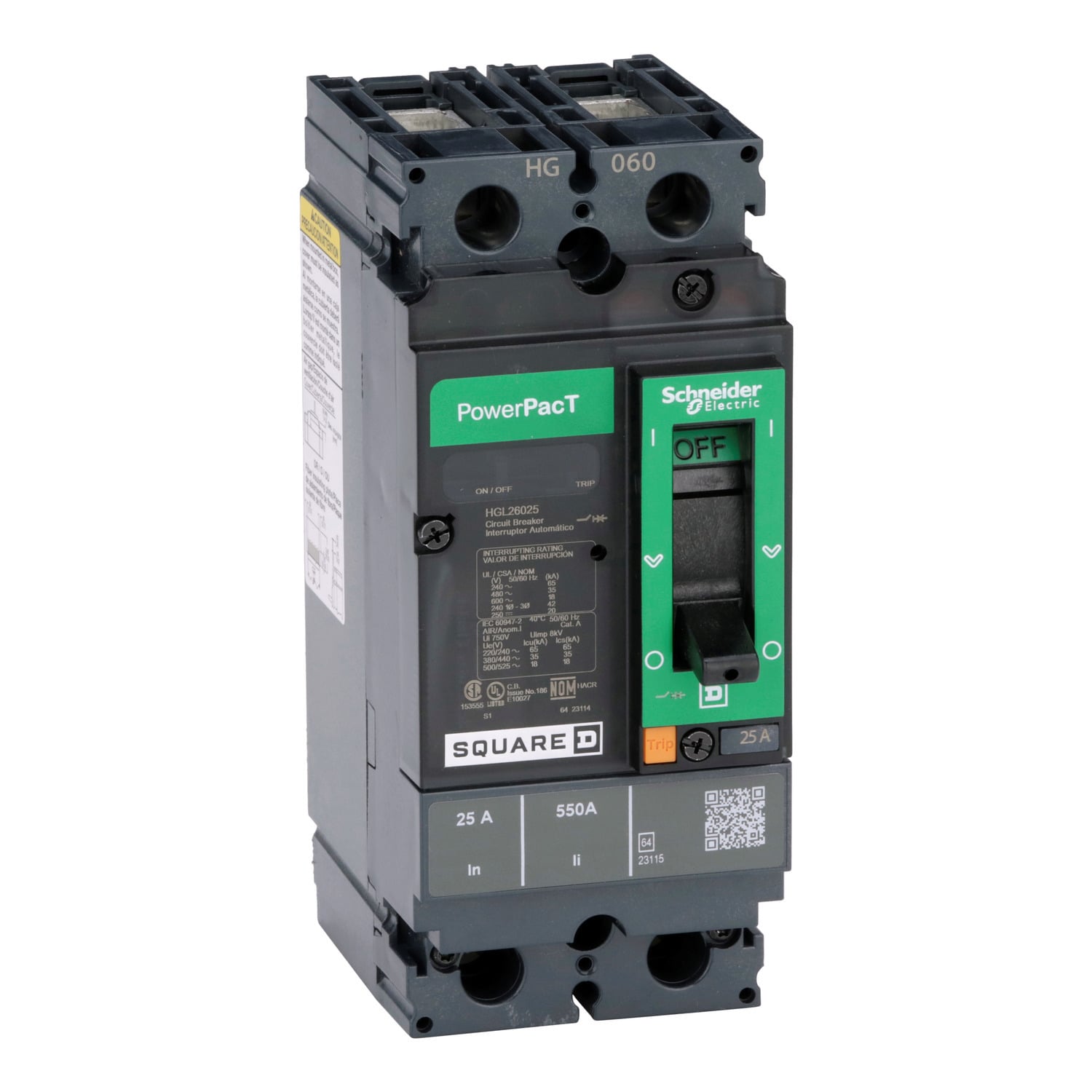 HGL26025 I-Line PowerPact Type HGL Molded Case Circuit Breaker, 600 V AC/250/500 V DC, 25 A, 18/20/20 kA Interrupt, 2 Poles, Thermal Magnetic Trip