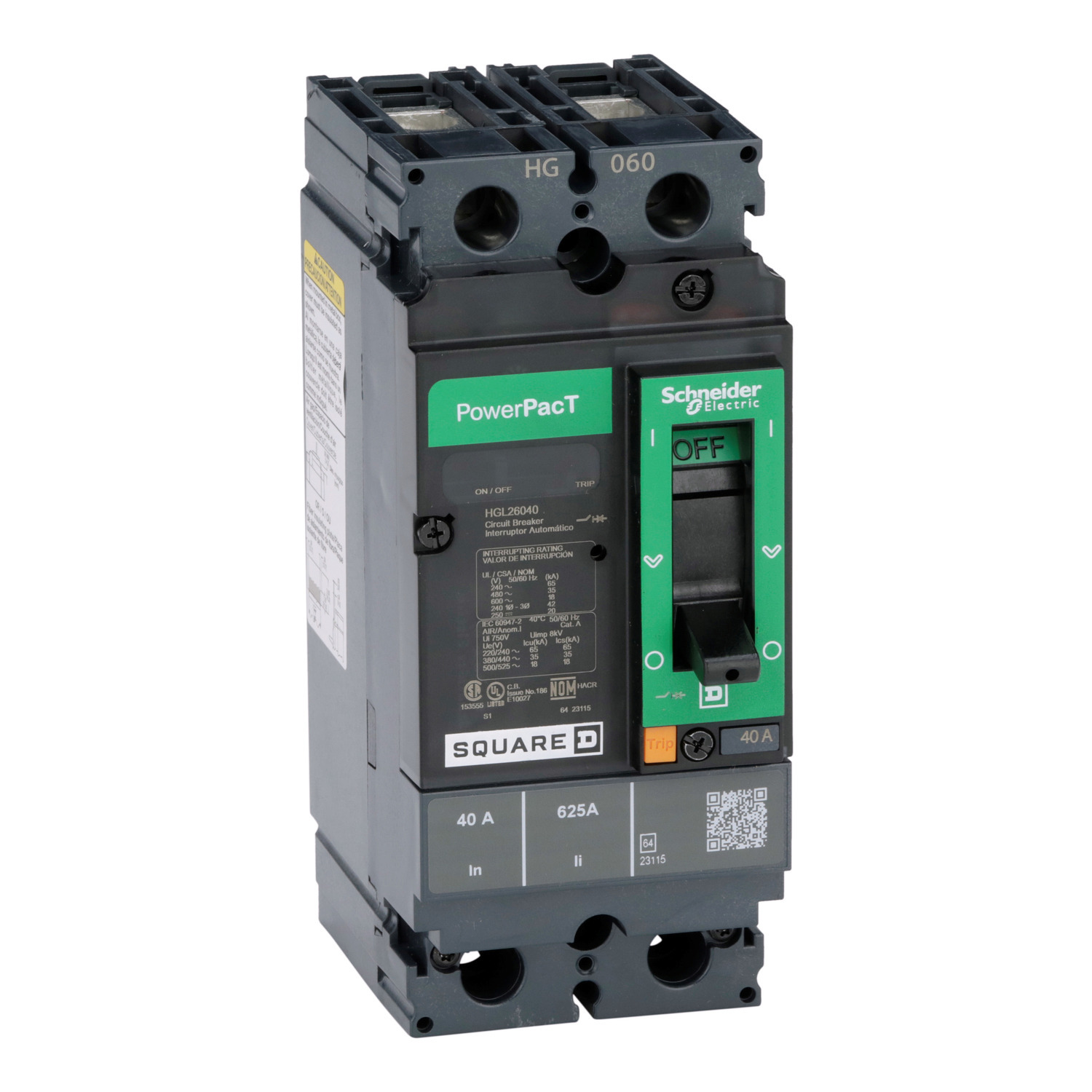 HGL26040 I-Line PowerPact 80% Rated Type HGL Molded Case Circuit Breaker, 600 V AC/250 to 500 V DC, 40 A, 250 VDC/500 VDC/600 VAC/65 kA at 240 VAC/35 kA at 480 VAC/18 kA at 600 VAC/20 kA at 500 VDC/20 kA at 250 VDC Interrupt, 2 Poles