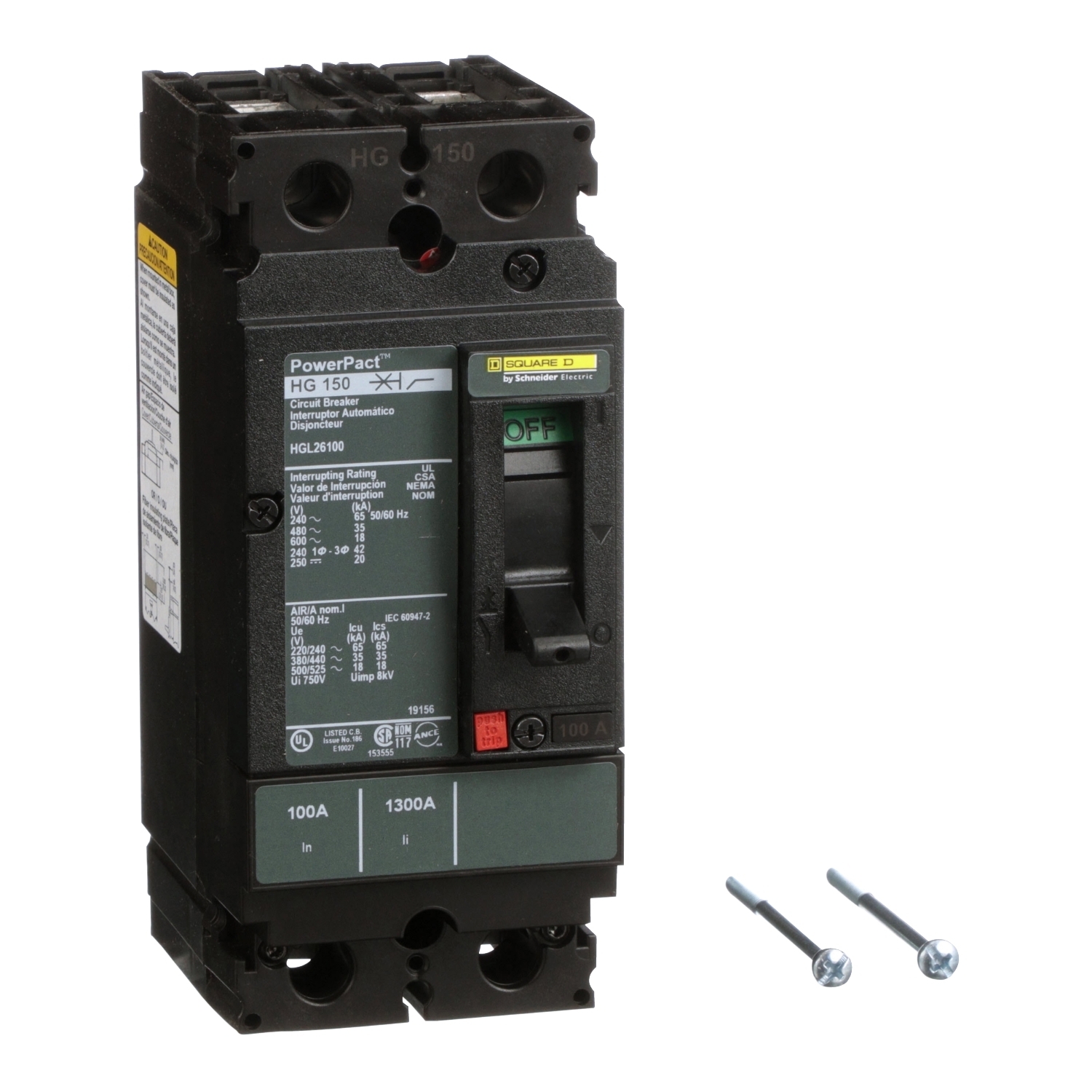 HGL26100 I-Line PowerPact 80% Rated Type HGL Molded Case Circuit Breaker, 600 V AC/250 to 500 V DC, 100 A, 250 VDC/500 VDC/600 VAC/65 kA at 240 VAC/35 kA at 480 VAC/18 kA at 600 VAC/20 kA at 500 VDC/20 kA at 250 VDC Interrupt, 2 Poles