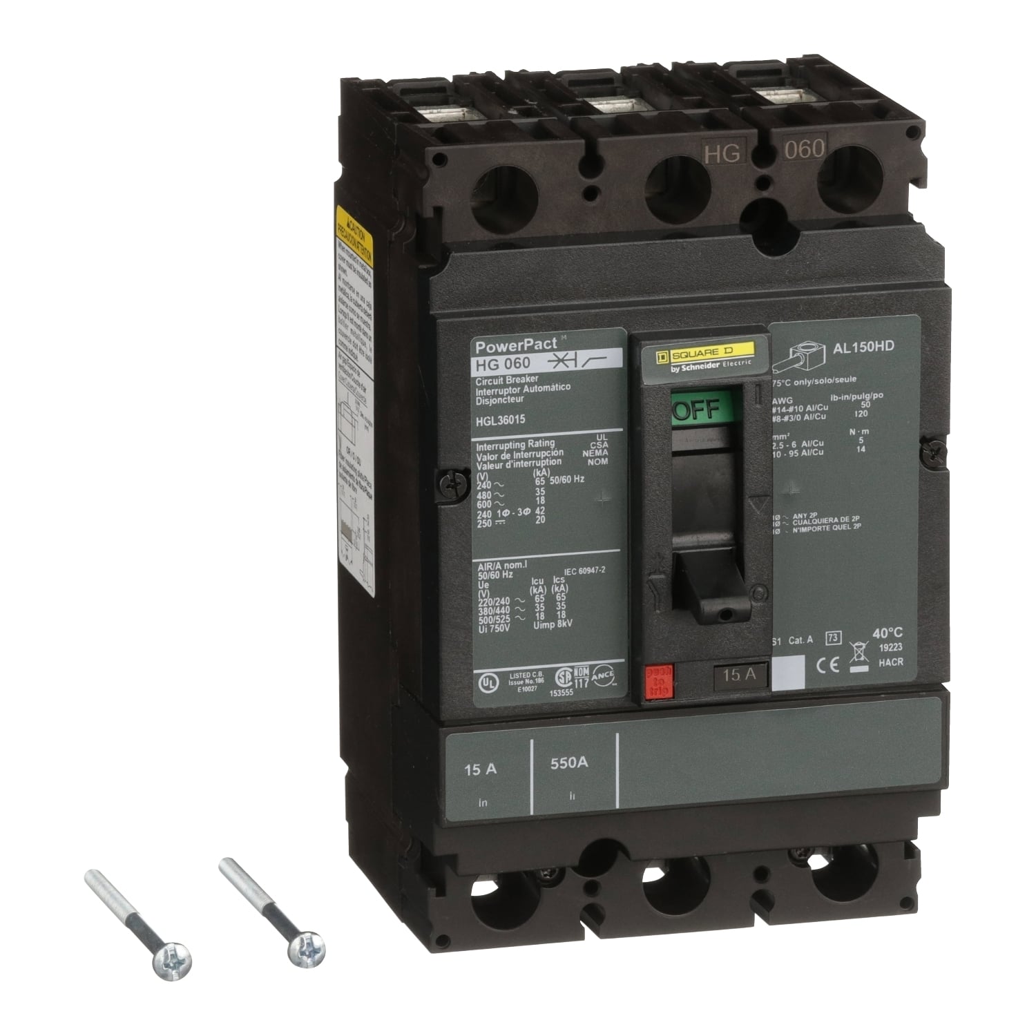 HGL36015 HGL Molded Case Circuit Breaker, 600 V AC/250 V DC, 15 A, 65 kA at 240 VAC/35 kA at 480 VAC/18 kA at 600 VAC/20 kA at 250VDC Interrupt, 3 Poles, Thermal Magnetic Trip
