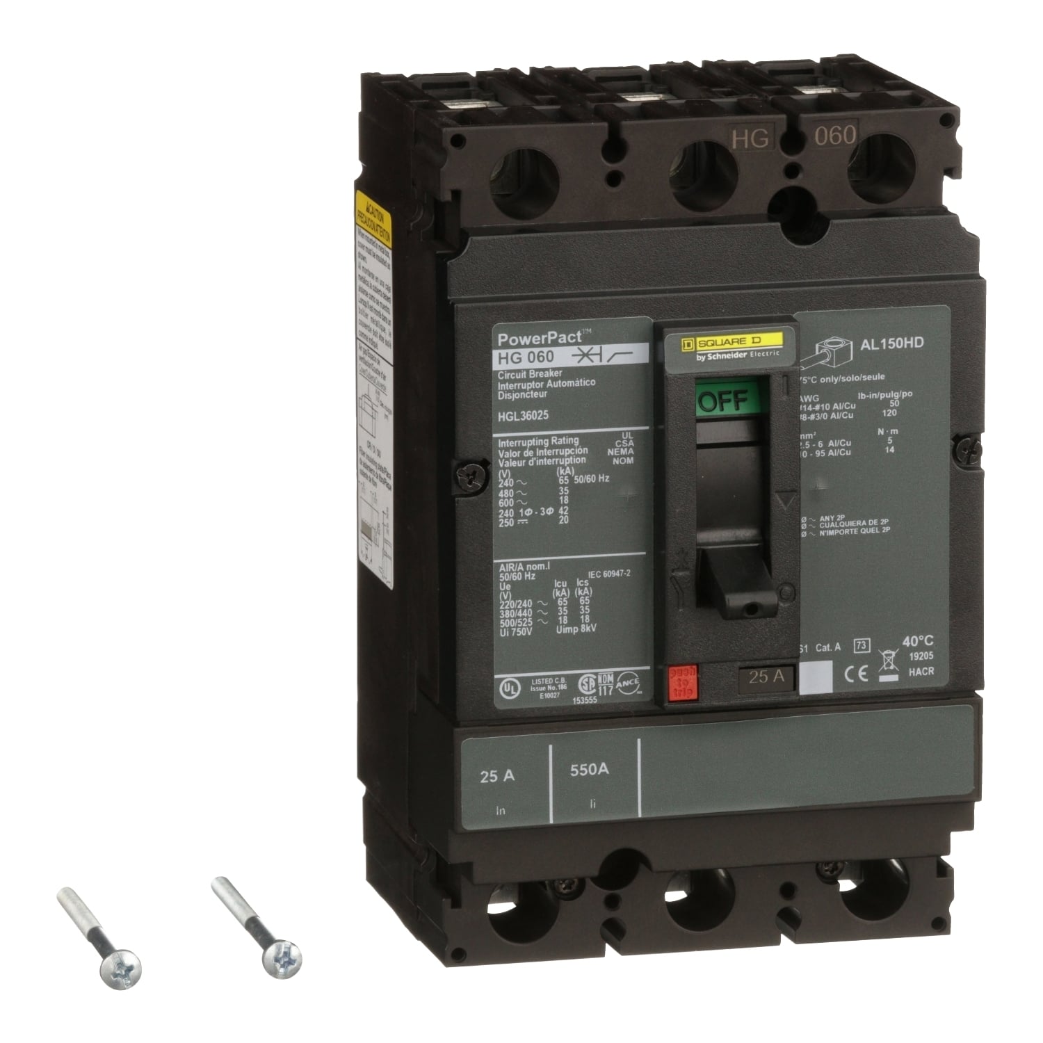 HGL36025 I-Line PowerPact 80% Rated Type HGL Molded Case Circuit Breaker, 600 V AC/250 to 500 V DC, 25 A, 250 VDC/500 VDC/600 VAC/65 kA at 240 VAC/35 kA at 480 VAC/18 kA at 600 VAC/20 kA at 500 VDC/20 kA at 250 VDC Interrupt, 3 Poles