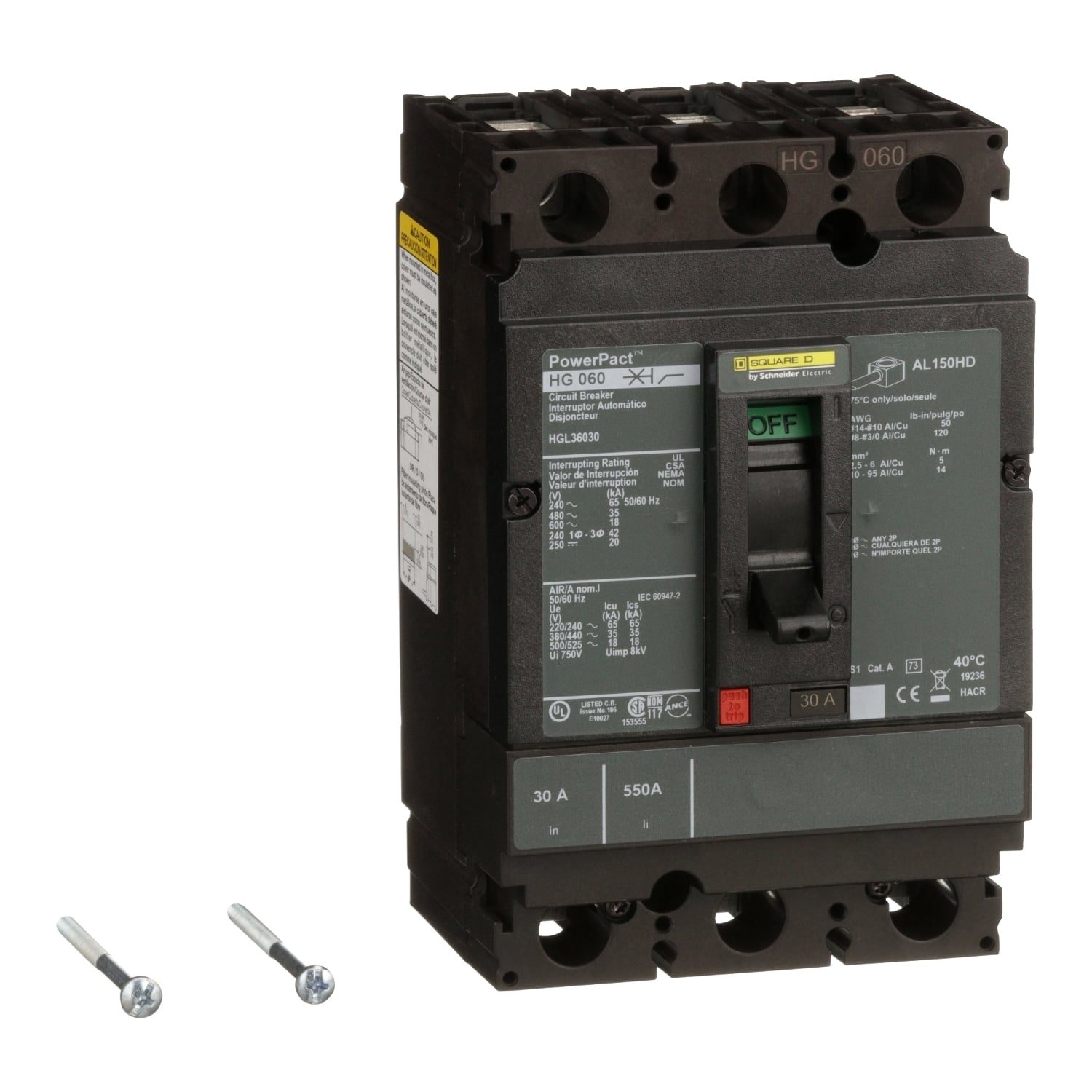 HGL36030 PowerPact 80% Rated Type HGL Molded Case Circuit Breaker, 600 V AC/250 V DC, 30 A, 65 kA at 240 VAC/35 kA at 480 VAC/18 kA at 600 VAC/20 kA at 250VDC Interrupt, 3 Poles, Thermal Magnetic Trip