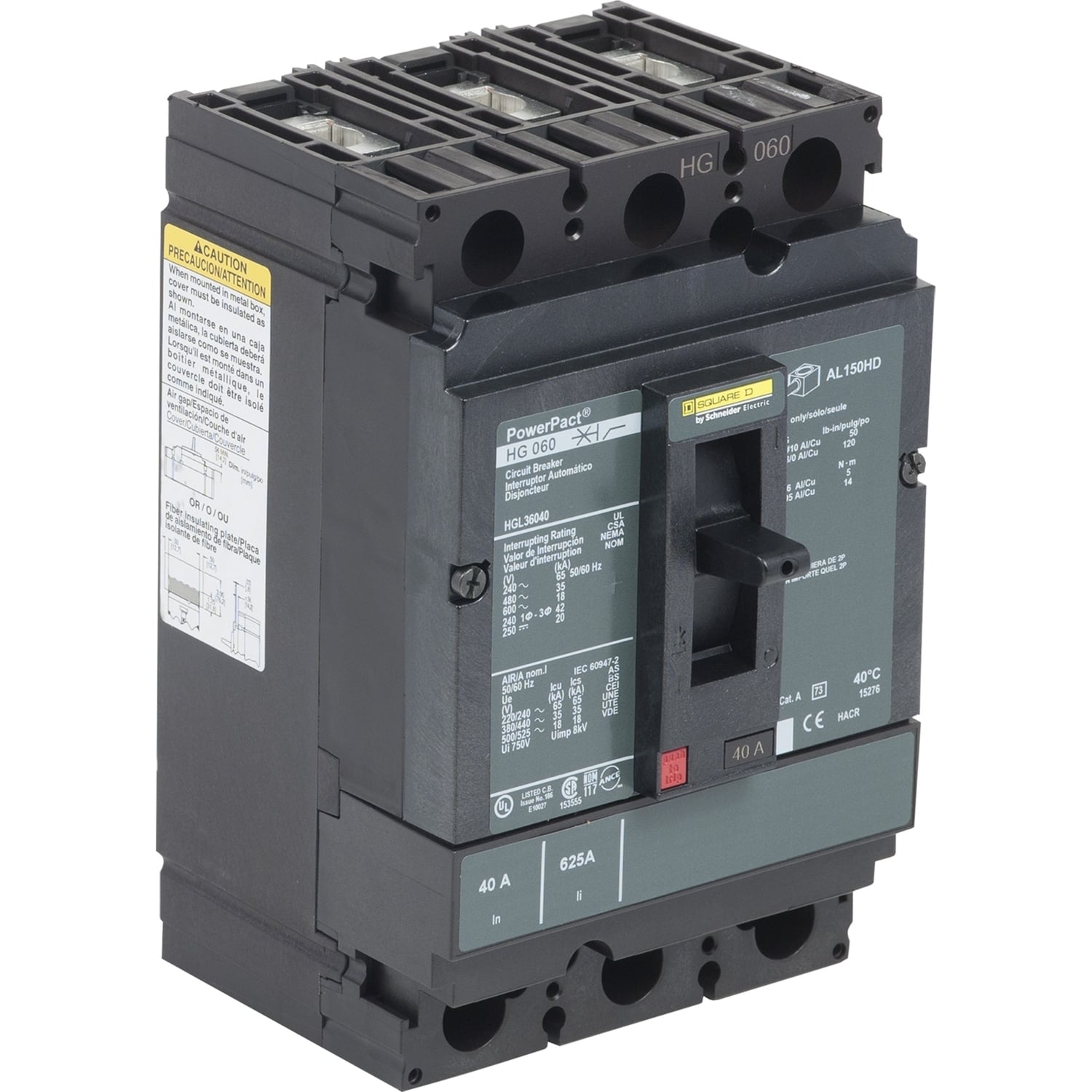 HGL36040 PowerPact 80% Rated Type HGL Molded Case Circuit Breaker, 600 V AC/250 V DC, 40 A, 65 kA at 240 VAC/35 kA at 480 VAC/18 kA at 600 VAC/20 kA at 250VDC Interrupt, 3 Poles, Thermal Magnetic Trip
