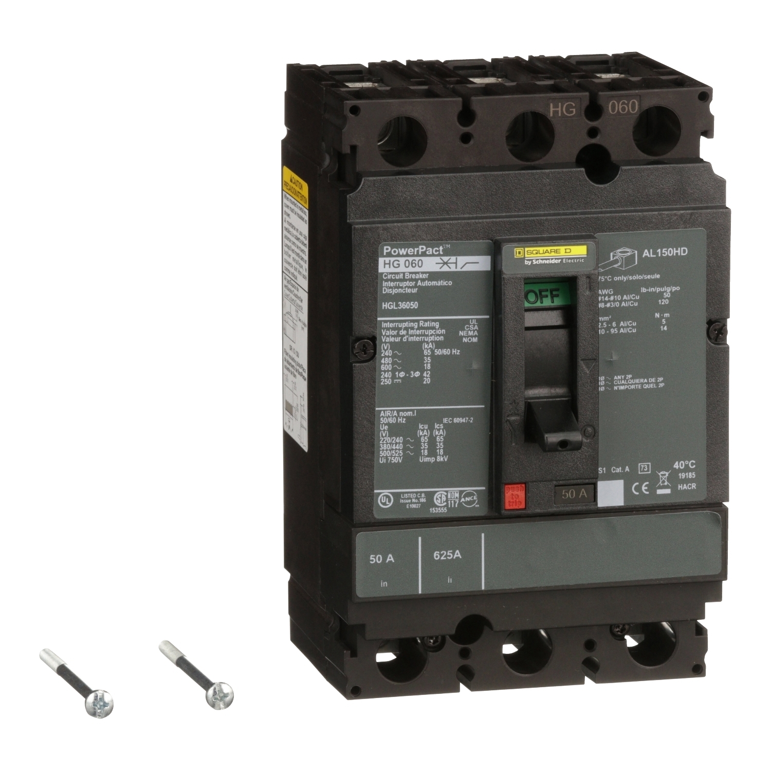 HGL36050 HGL Molded Case Circuit Breaker, 600 V AC/250 V DC, 50 A, 65 kA at 240 VAC/35 kA at 480 VAC/18 kA at 600 VAC/20 kA at 250VDC Interrupt, 3 Poles, Thermal Magnetic Trip