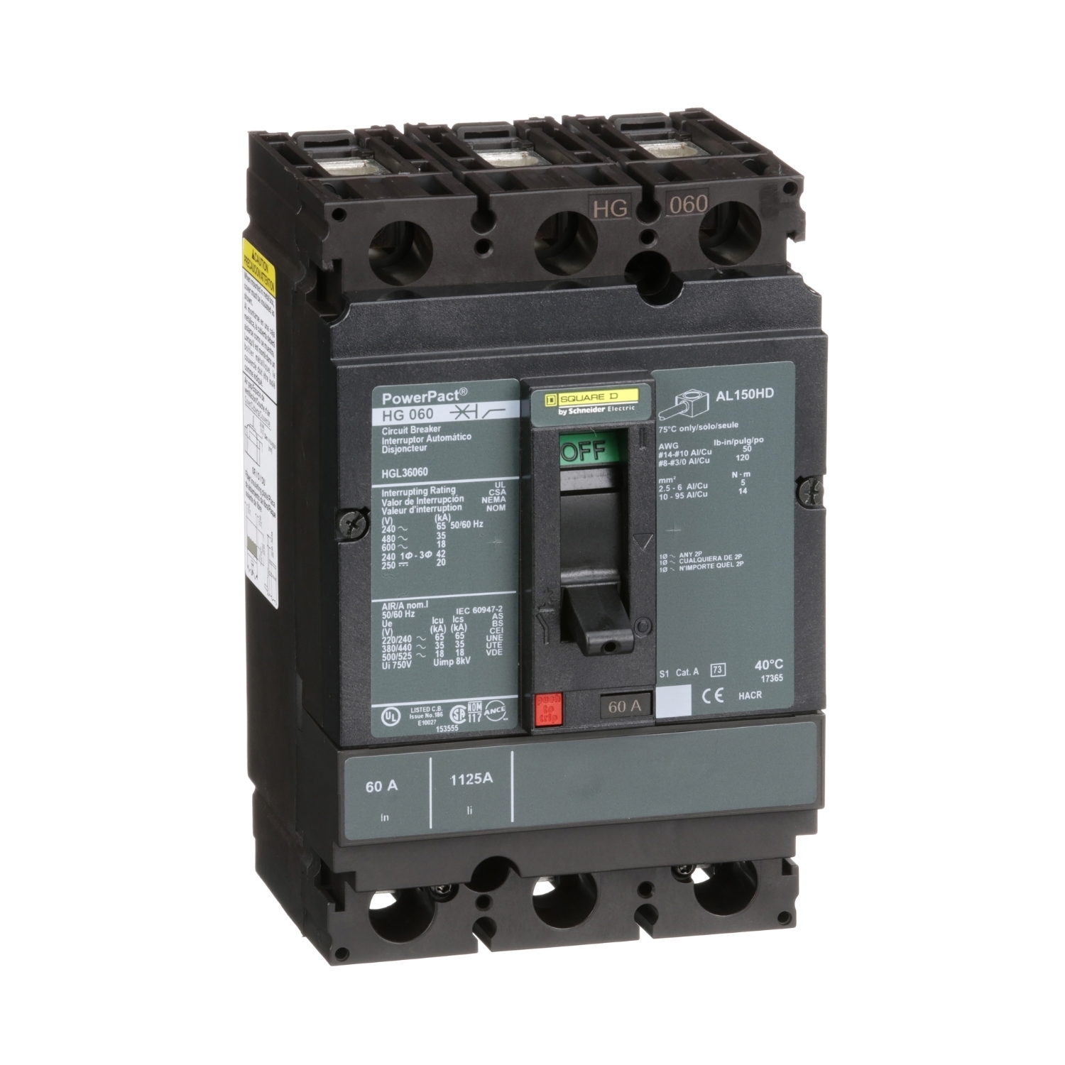 HGL36060 PowerPact 80% Rated Type HGL Molded Case Circuit Breaker, 600 V AC/250 V DC, 60 A, 65 kA at 240 VAC/35 kA at 480 VAC/18 kA at 600 VAC/20 kA at 250VDC Interrupt, 3 Poles, Thermal Magnetic Trip
