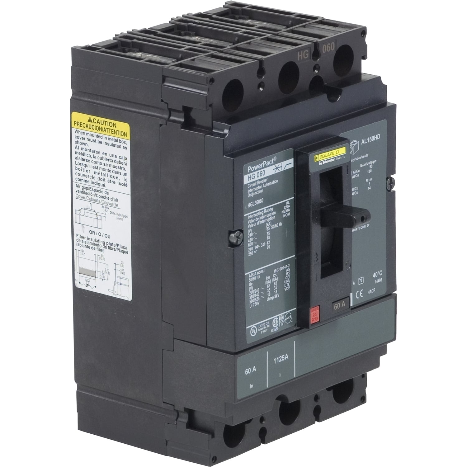 HGL36060C I-Line PowerPact Type HGL Molded Case Circuit Breaker, 600 V AC/250 to 500 V DC, 60 A, 65 kA at 240 VAC/35 kA at 480 VAC/18 kA at 600 VAC/20 kA at 250/500 VDC Interrupt, 3 Poles, Thermal Magnetic Trip
