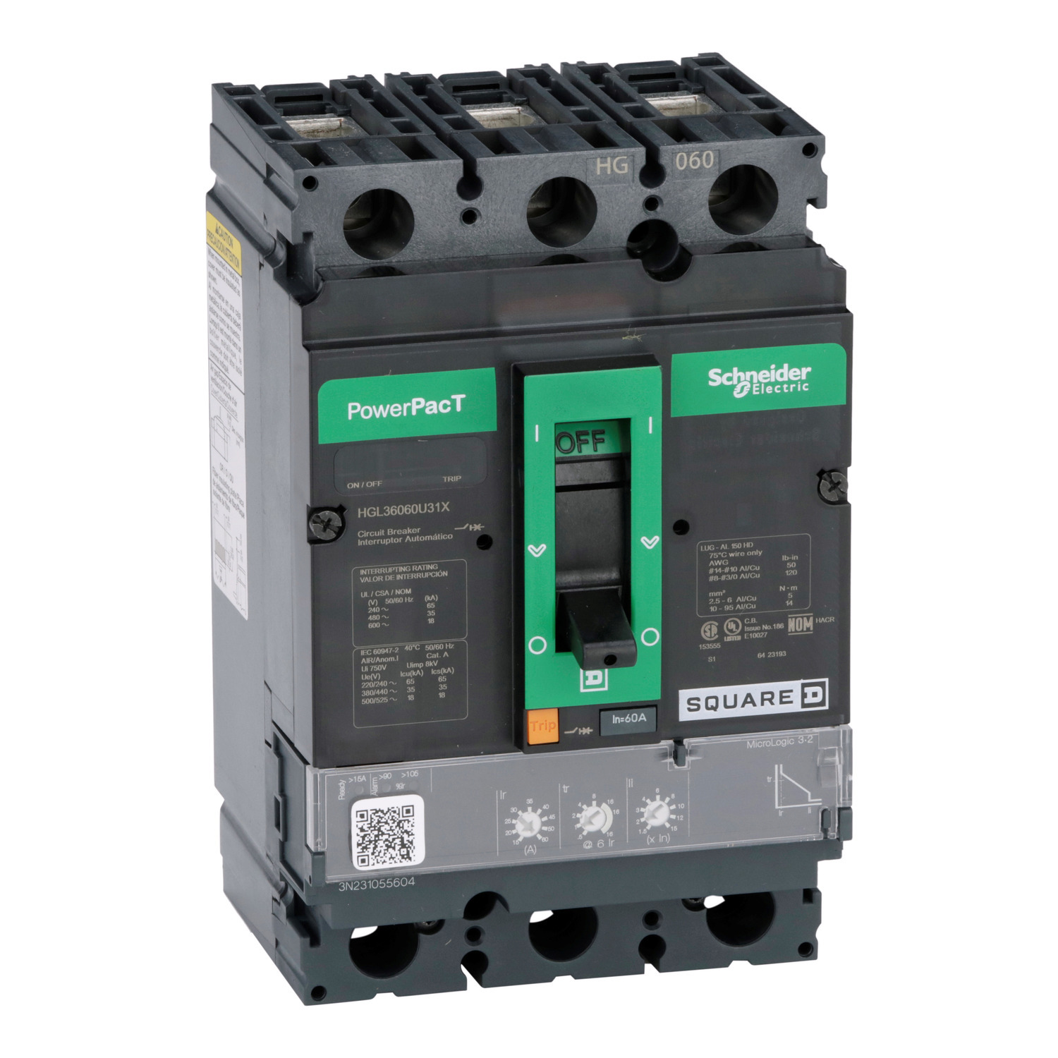 HGL36060U31X Molded Case Circuit Breaker, 60 Amp, 3 Pole, 600V