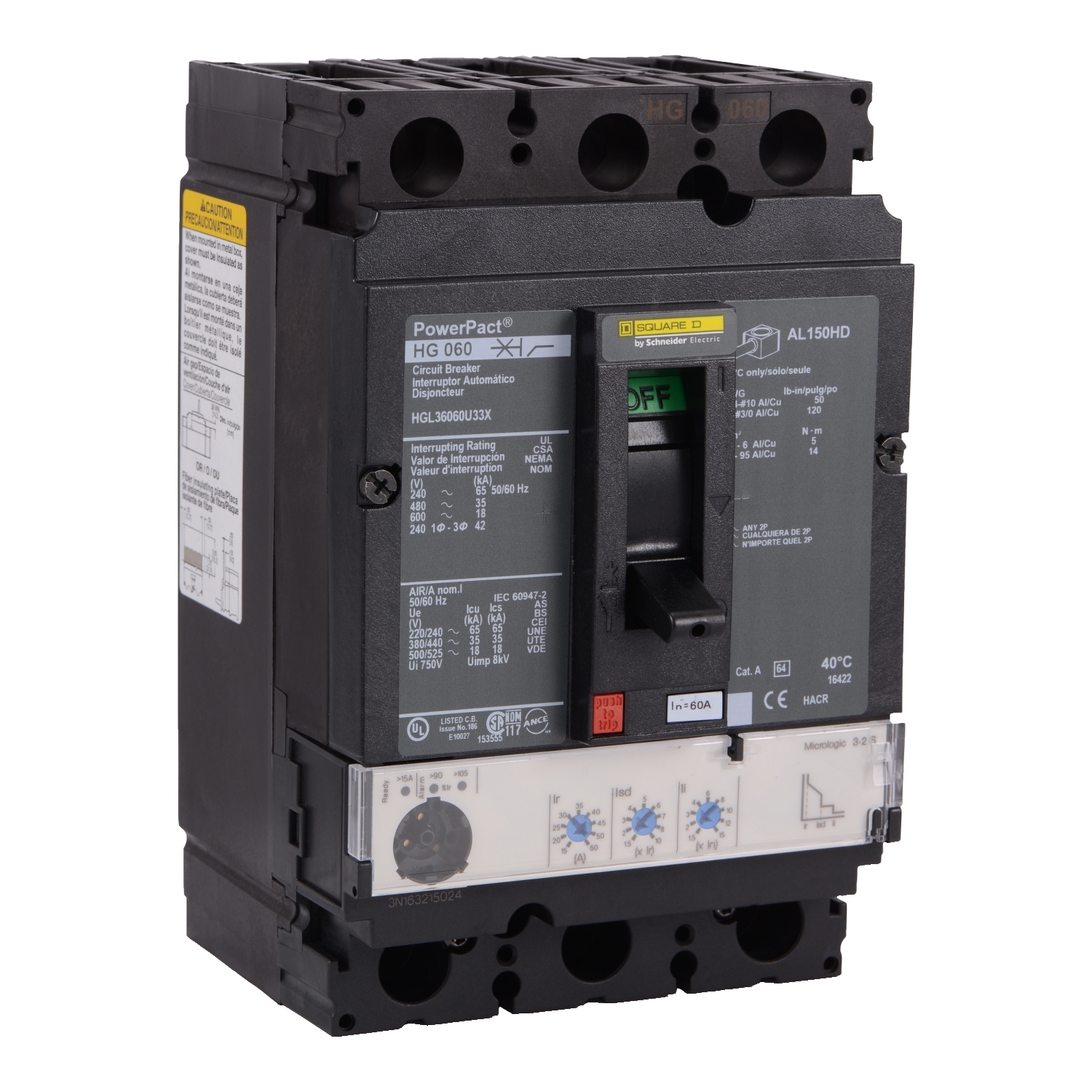 HGL36060U33X Molded Case Circuit Breaker, 60 Amp, 3 Pole, 600V