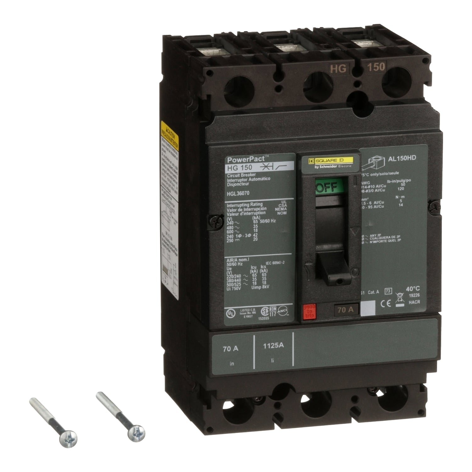 HGL36070 PowerPact 80% Rated Type HGL Molded Case Circuit Breaker, 600 V AC/250 V DC, 70 A, 65 kA at 240 VAC/35 kA at 480 VAC/18 kA at 600 VAC/20 kA at 250VDC Interrupt, 3 Poles, Thermal Magnetic Trip