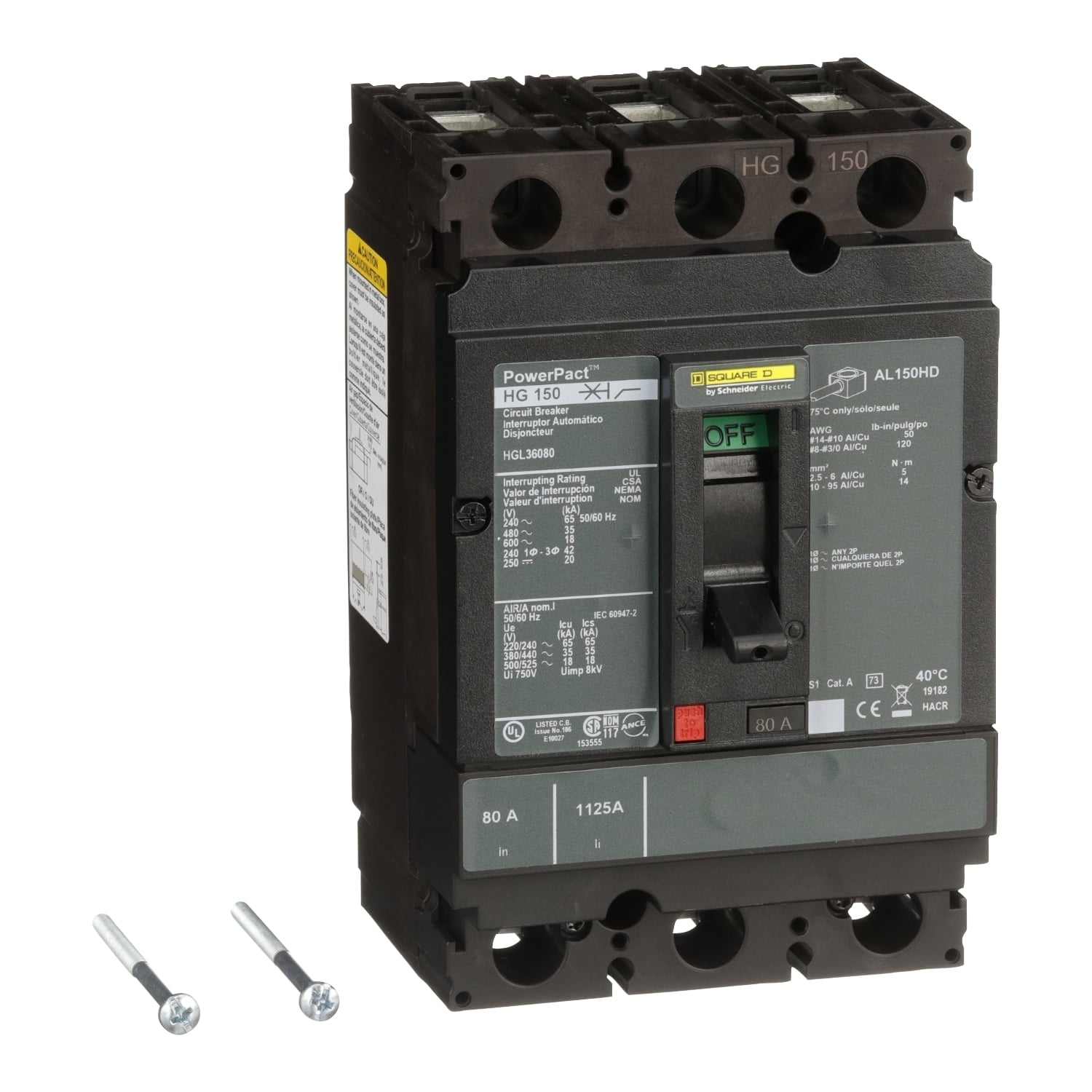 HGL36080 PowerPact 80% Rated Type HGL Molded Case Circuit Breaker, 600 V AC/250 V DC, 80 A, 65 kA at 240 VAC/35 kA at 480 VAC/18 kA at 600 VAC/20 kA at 250VDC Interrupt, 3 Poles, Thermal Magnetic Trip