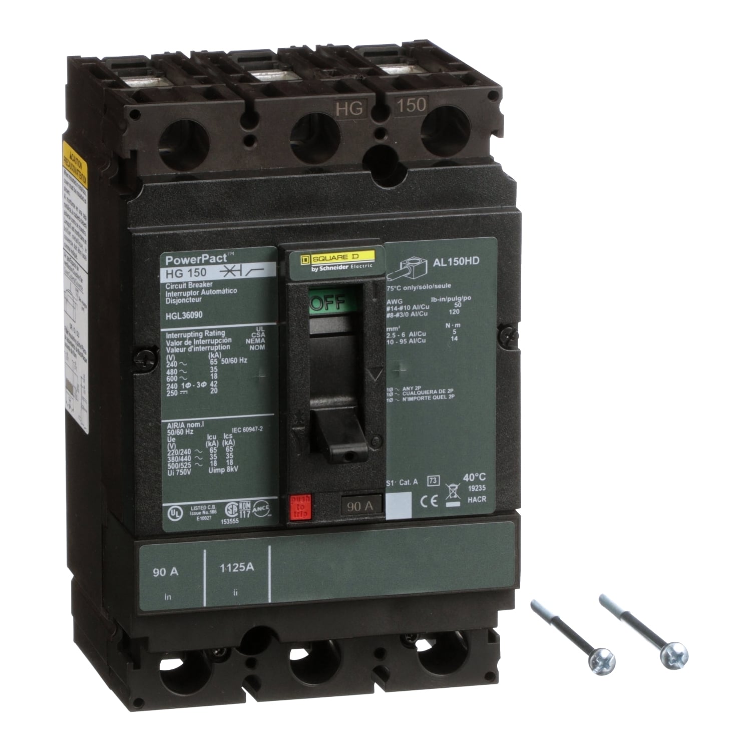 HGL36090 HGL Molded Case Circuit Breaker, 600 V AC/250 V DC, 90 A, 65 kA at 240 VAC/35 kA at 480 VAC/18 kA at 600 VAC/20 kA at 250VDC Interrupt, 3 Poles, Thermal Magnetic Trip