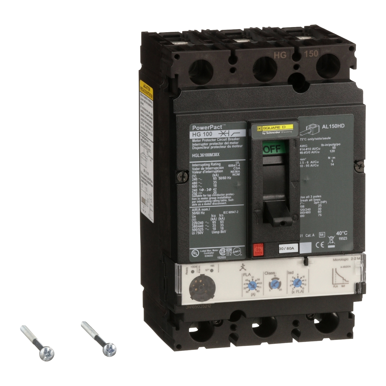 HGL36100M38X Motor Circuit Breaker, 100 Amp, 3 Pole, 600V