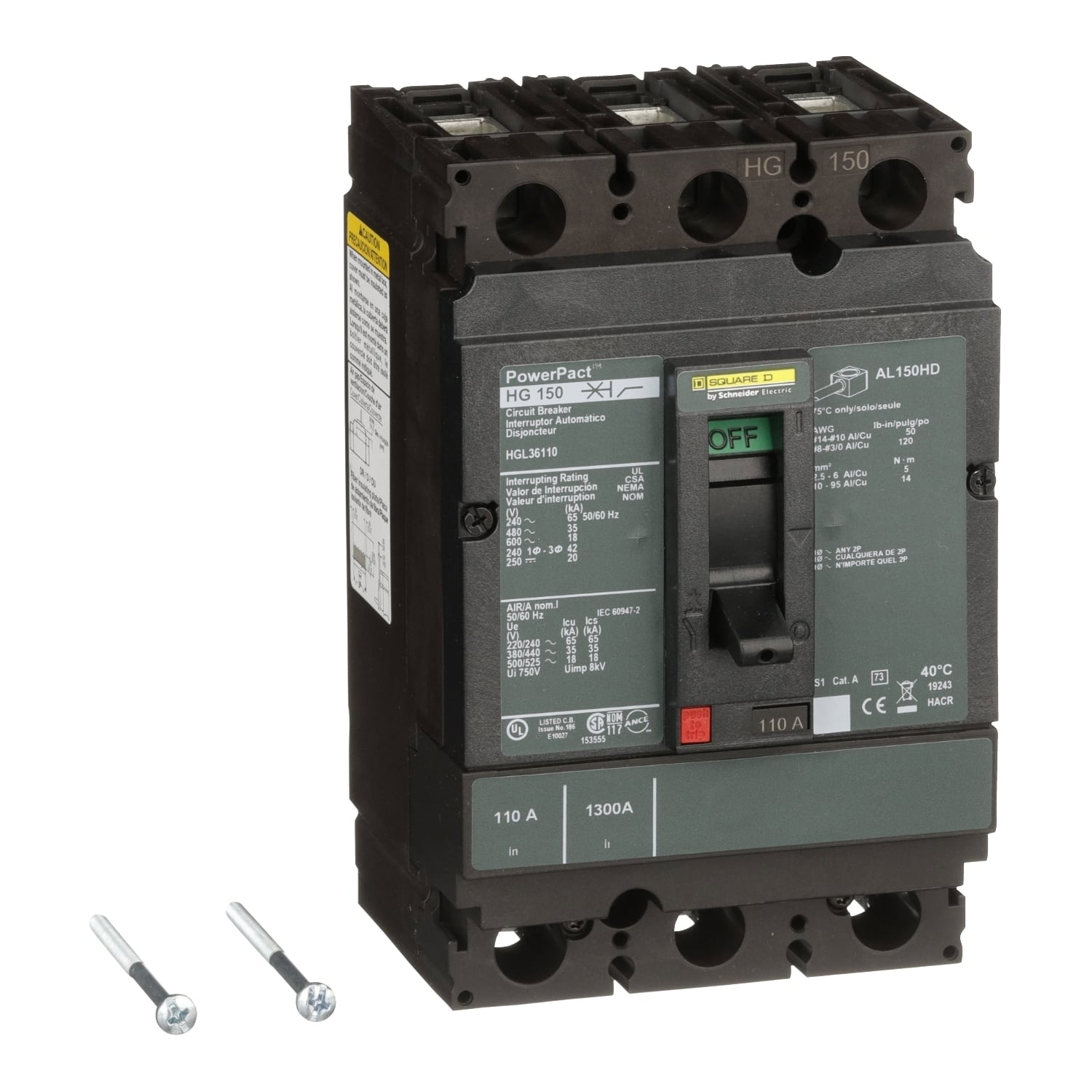 HGL36110 HGL Molded Case Circuit Breaker, 600 V AC/250/500 V DC, 10 A, 18 to 20 kA Interrupt, 3 Poles, Thermal Magnetic Trip
