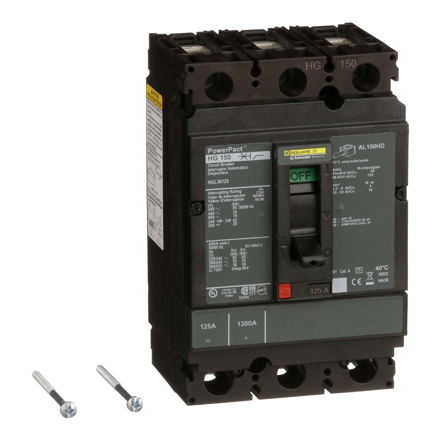 HGL36125 HGL Molded Case Circuit Breaker, 600 V AC/250/500 V DC, 125 A, 18 to 20 kA Interrupt, 3 Poles, Thermal Magnetic Trip