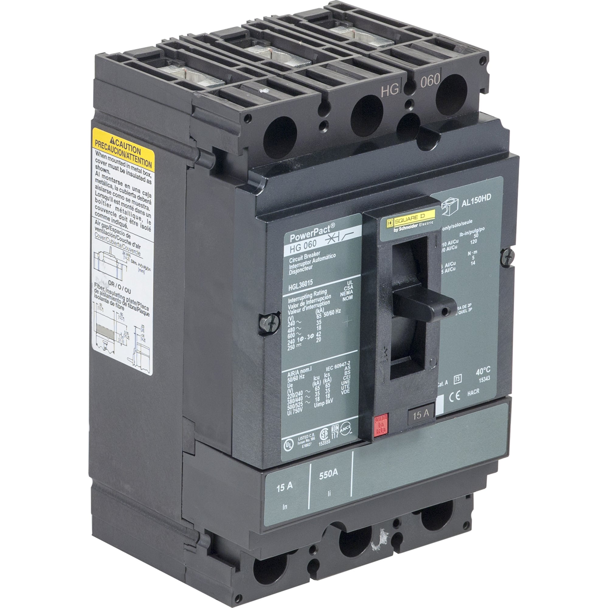 HGL36125AA I-Line PowerPact Molded Case Circuit Breaker With Auxiliary Switch, 600 V AC, 125 A, 65 kA at 240 V AC/35 kA at 480 V AC/18 kA at 600 V AC/20 kA at 250/500 VDC Interrupt, 3 Poles, Thermal Magnetic Trip