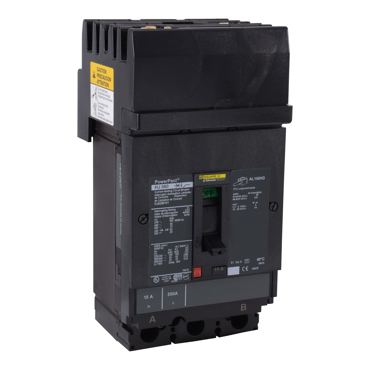 HJA260201 I-Line PowerPact H Type HJA Molded Case Circuit Breaker, 600 V AC/250 V DC, 20 A, 20/25/65/100 kA Interrupt, 2 Poles, Thermal Magnetic Trip
