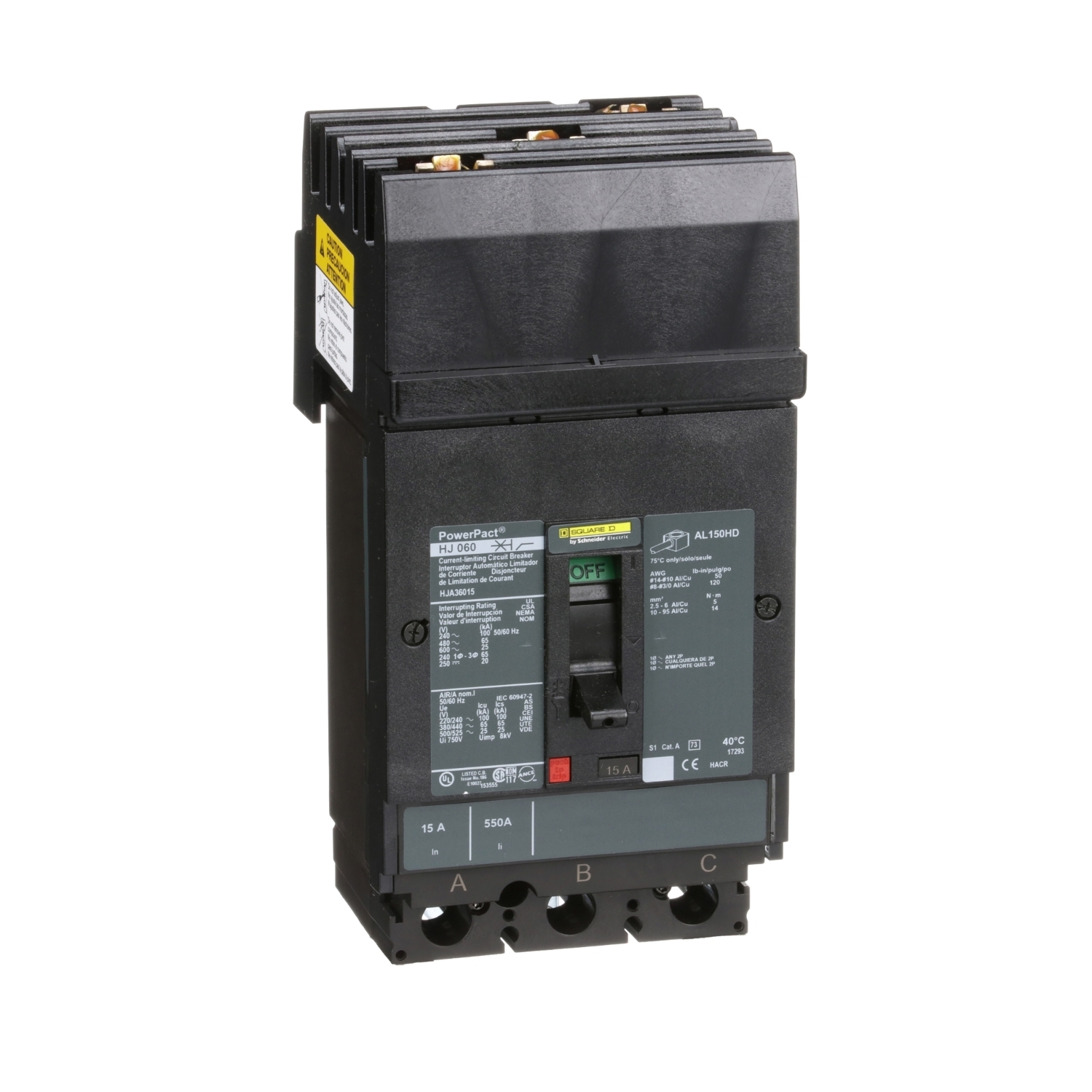 HJA36015 I-Line PowerPact 80% Rated Type HJA Molded Case Circuit Breaker, 600 V AC/250 V DC, 15 A, 100 kA at 240 VAC/65 kA at 480 VAC/25 kA at 600 VAC/20 kA at 250VDC Interrupt, 3 Poles, Thermal Magnetic Trip
