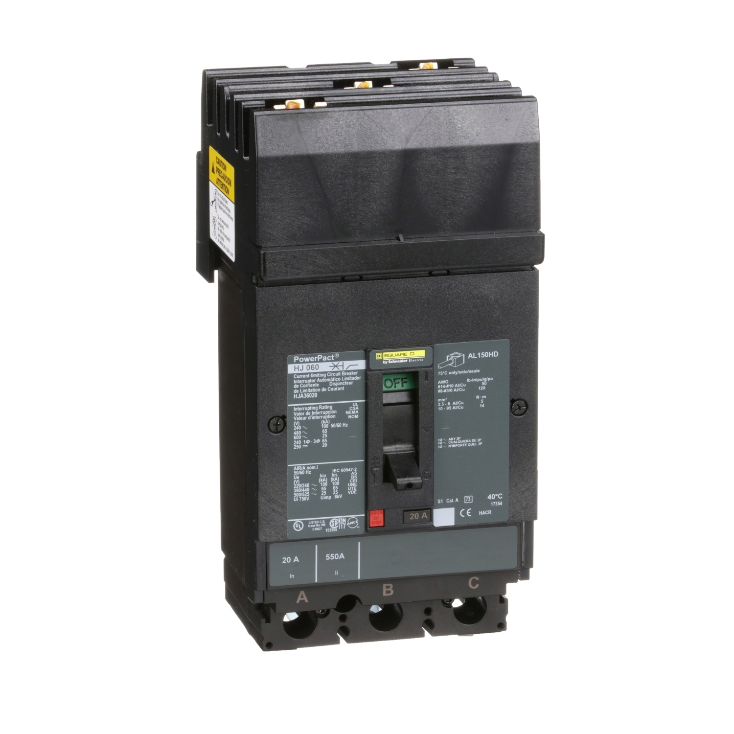 HJA36020 PowerPact 80% Rated Type HJA Molded Case Circuit Breaker, 600 V AC/250 V DC, 20 A, 100 kA at 240 VAC/65 kA at 480 VAC/25 kA at 600 VAC/20 kA at 250VDC Interrupt, 3 Poles, Thermal Magnetic Trip