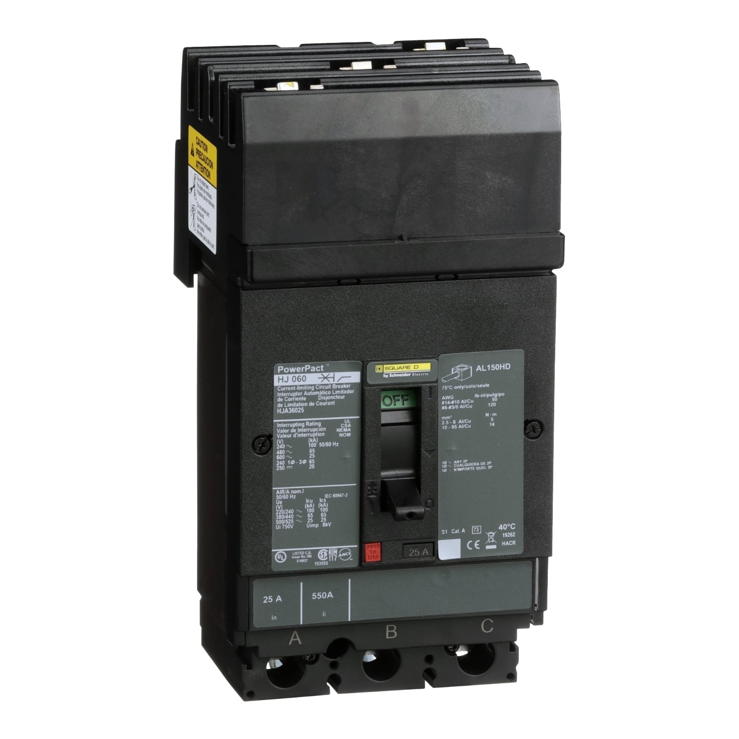 HJA36025 PowerPact 80% Rated Type HJA Molded Case Circuit Breaker, 600 V AC/250 V DC, 25 A, 100 kA at 240 VAC/65 kA at 480 VAC/25 kA at 600 VAC/20 kA at 250VDC Interrupt, 3 Poles, Thermal Magnetic Trip