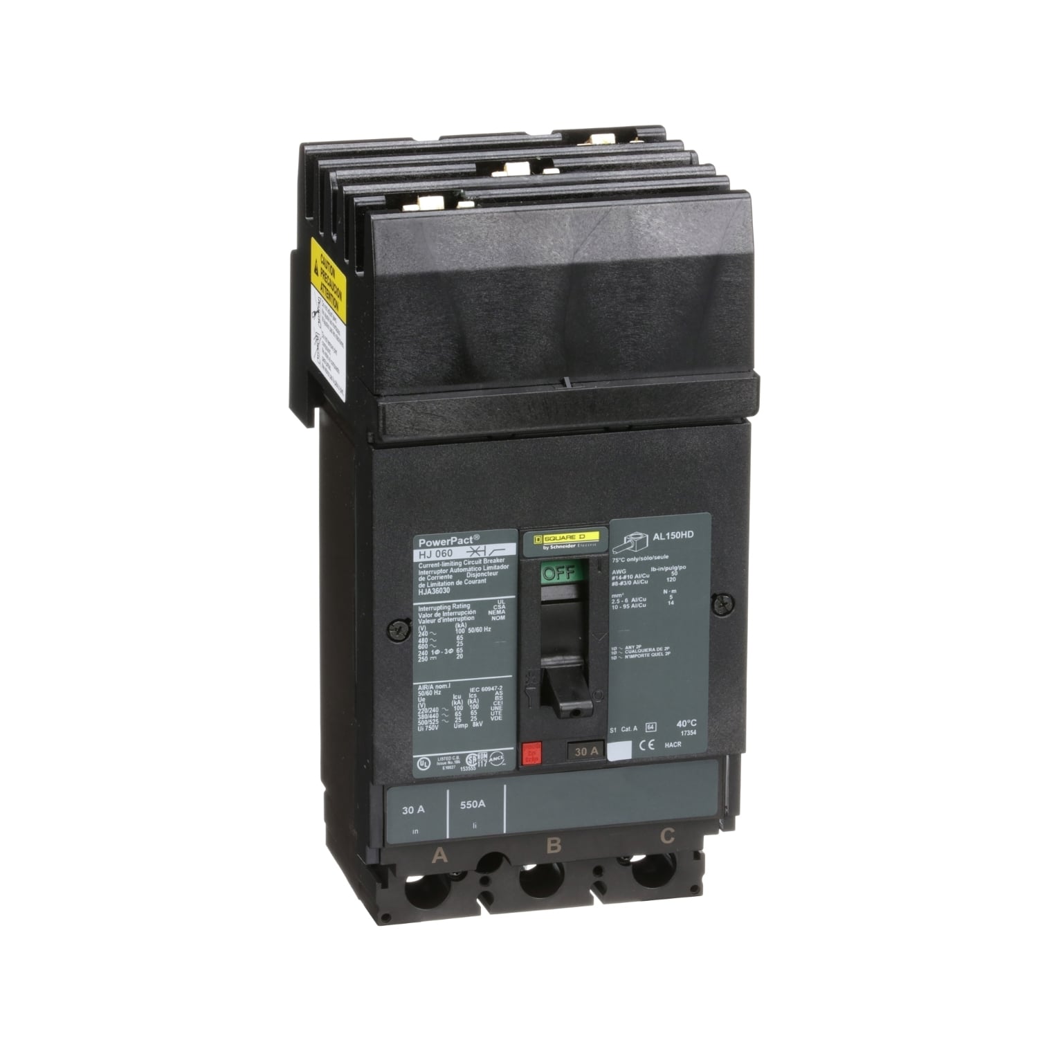HJA36030 PowerPact 80% Rated Type HJA Molded Case Circuit Breaker, 600 V AC/250 V DC, 30 A, 100 kA at 240 VAC/65 kA at 480 VAC/25 kA at 600 VAC/20 kA at 250VDC Interrupt, 3 Poles, Thermal Magnetic Trip