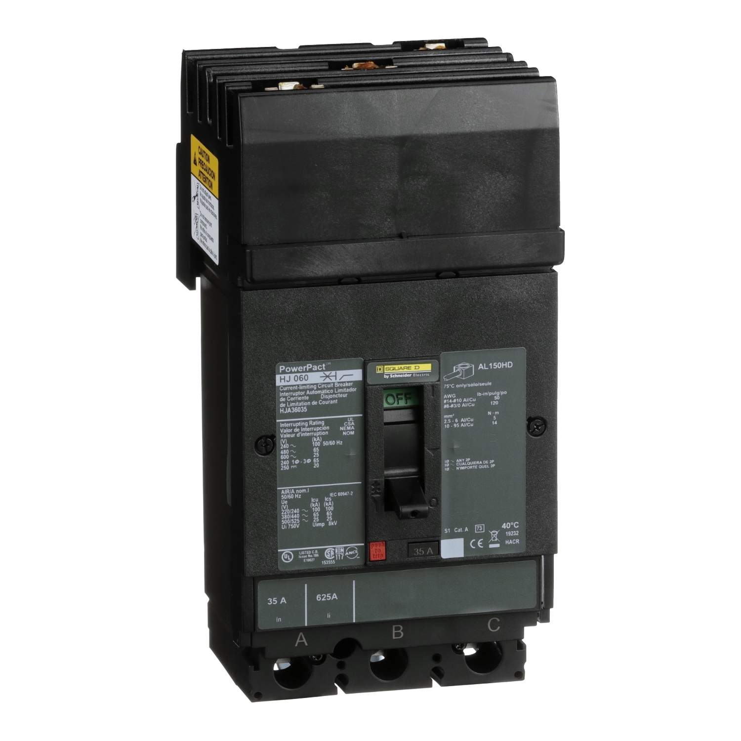 HJA36035 I-Line PowerPact 80% Rated Type HJA Molded Case Circuit Breaker, 600 V AC/250 V DC, 35 A, 250 VDC/600 VAC/65 kA at 480 VAC/25 kA at 600 VAC/100 kA at 240 VAC/20 kA at 250 VDC Interrupt, 3 Poles, Thermal Magnetic Trip