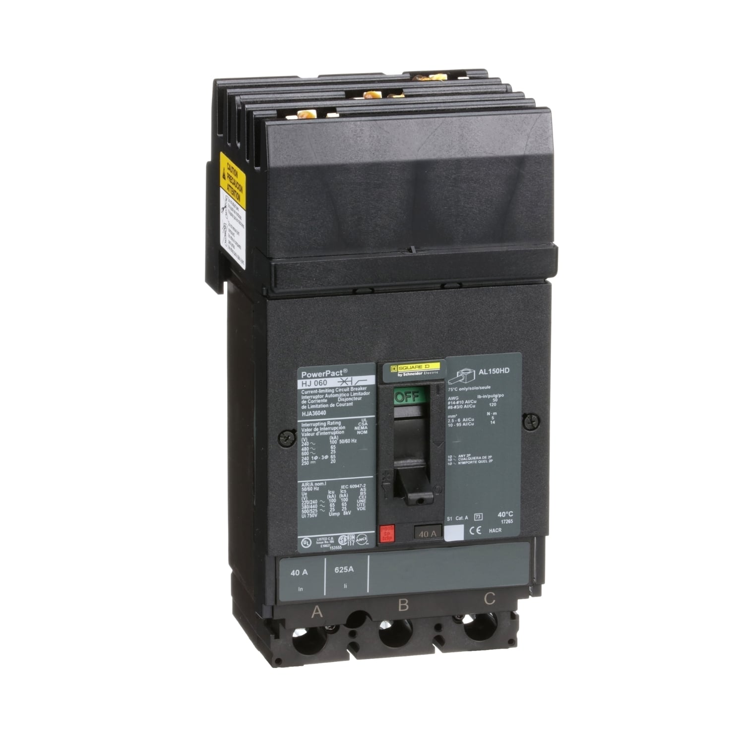 HJA36040 PowerPact 80% Rated Type HJA Molded Case Circuit Breaker, 600 V AC/250 V DC, 40 A, 100 kA at 240 VAC/65 kA at 480 VAC/25 kA at 600 VAC/20 kA at 250VDC Interrupt, 3 Poles, Thermal Magnetic Trip