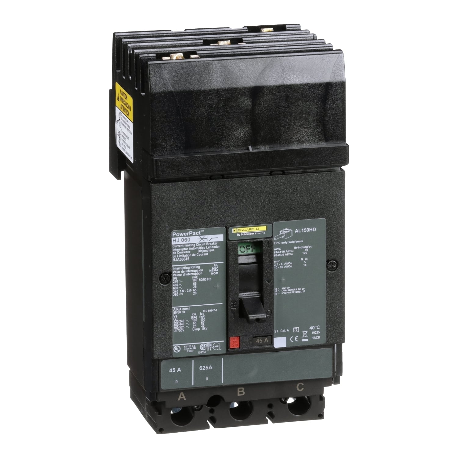 HJA36045 I-Line PowerPact 80% Rated Type HJA Molded Case Circuit Breaker, 600 V AC/250 V DC, 45 A, 250 VDC/600 VAC/65 kA at 480 VAC/25 kA at 600 VAC/100 kA at 240 VAC/20 kA at 250 VDC Interrupt, 3 Poles, Thermal Magnetic Trip