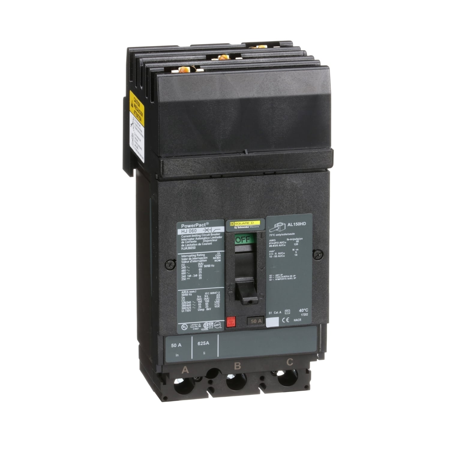 HJA36050 PowerPact 80% Rated Type HJA Molded Case Circuit Breaker, 600 V AC/250 V DC, 50 A, 100 kA at 240 VAC/65 kA at 480 VAC/25 kA at 600 VAC/20 kA at 250VDC Interrupt, 3 Poles, Thermal Magnetic Trip
