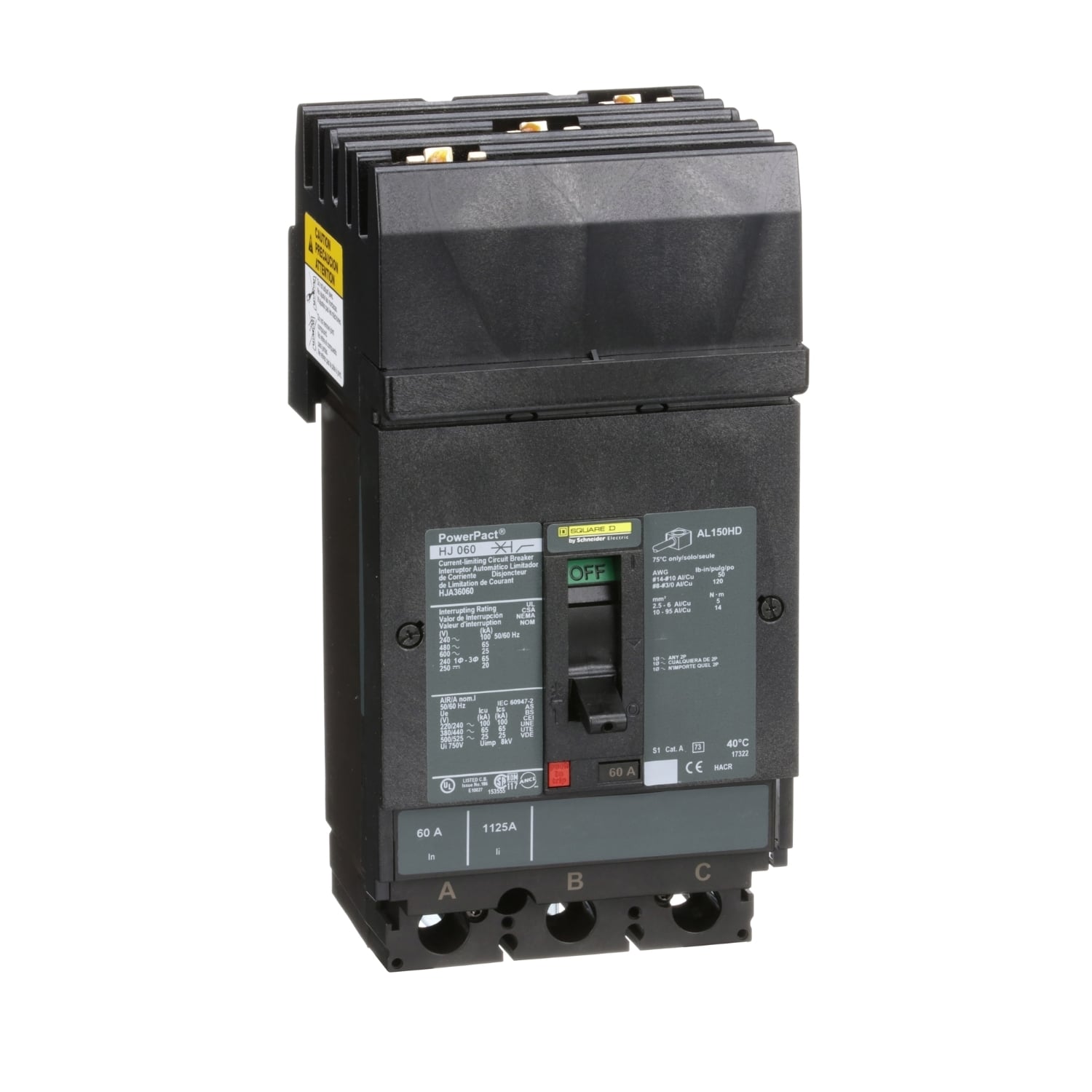 HJA36060 PowerPact 80% Rated Type HJA Molded Case Circuit Breaker, 600 V AC/250 V DC, 60 A, 100 kA at 240 VAC/65 kA at 480 VAC/25 kA at 600 VAC/20 kA at 250VDC Interrupt, 3 Poles, Thermal Magnetic Trip