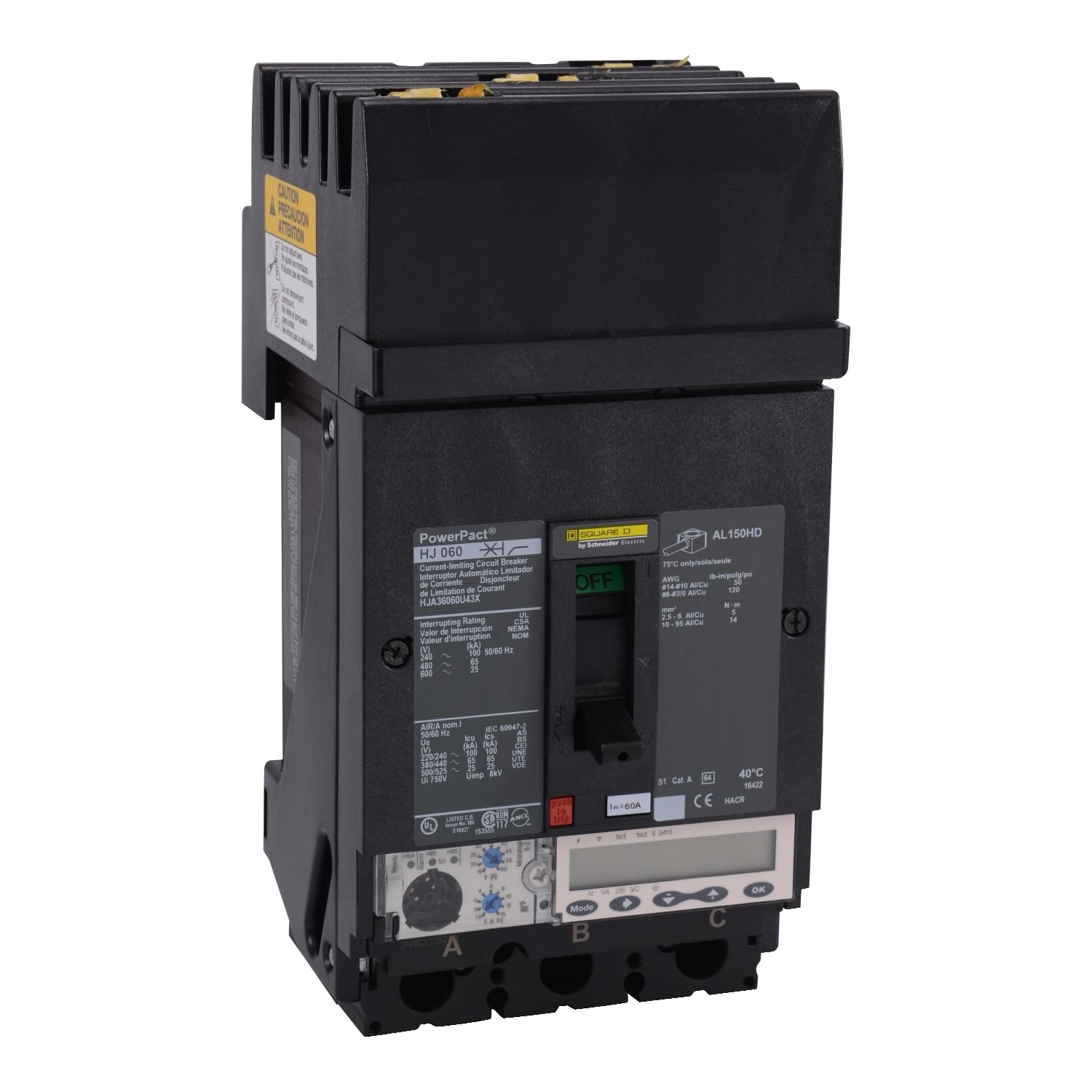 HJA36060U43X I-Line PowerPact Type HJA Molded Case Circuit Breaker, 600 V AC, 60 A, 25/65/100 kA Interrupt, 3 Poles, Electronic Trip