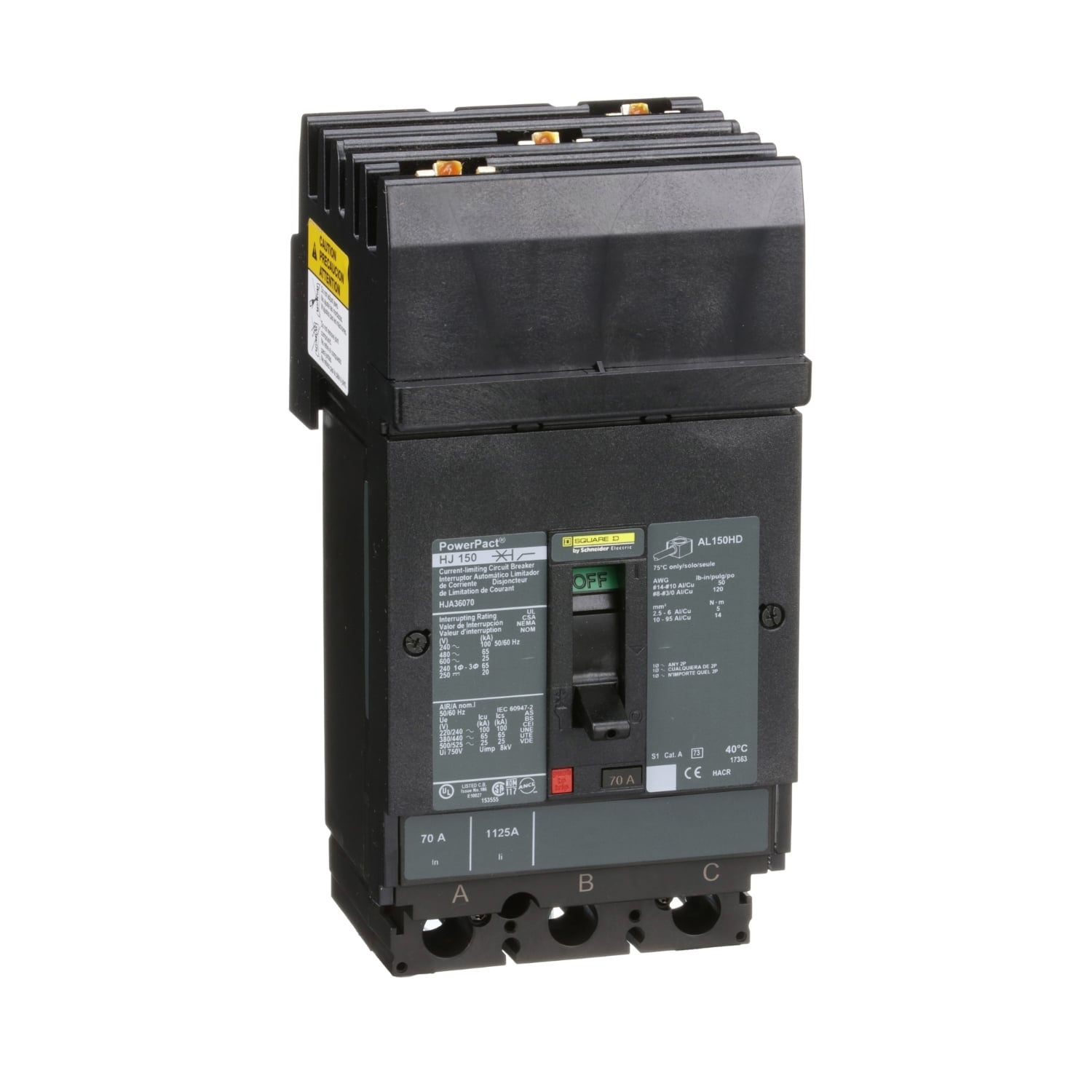 HJA36070 PowerPact 80% Rated Type HJA Molded Case Circuit Breaker, 600 V AC/250 V DC, 70 A, 100 kA at 240 VAC/65 kA at 480 VAC/25 kA at 600 VAC/20 kA at 250VDC Interrupt, 3 Poles, Thermal Magnetic Trip