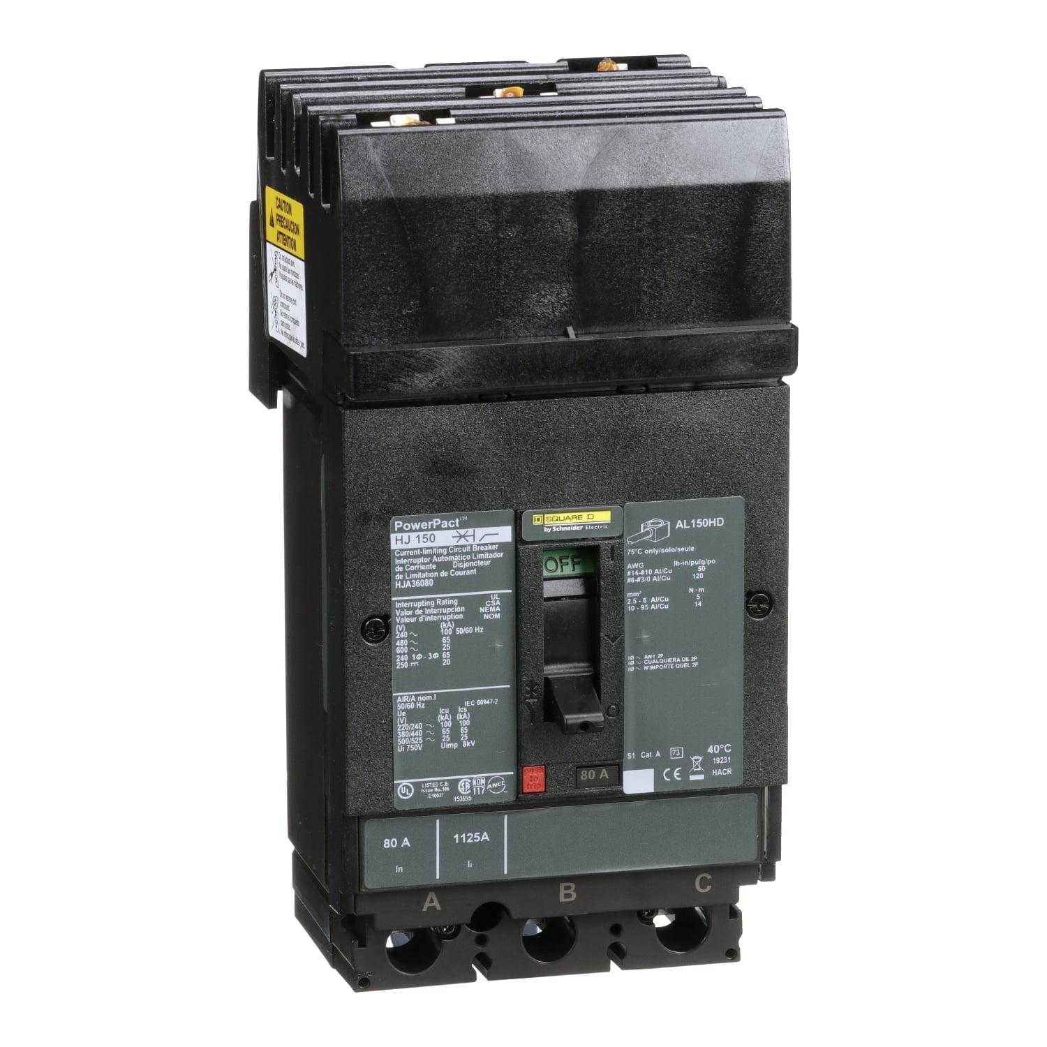 HJA36080 PowerPact 80% Rated Type HJA Molded Case Circuit Breaker, 600 V AC/250 V DC, 80 A, 100 kA at 240 VAC/65 kA at 480 VAC/25 kA at 600 VAC/20 kA at 250VDC Interrupt, 3 Poles, Thermal Magnetic Trip