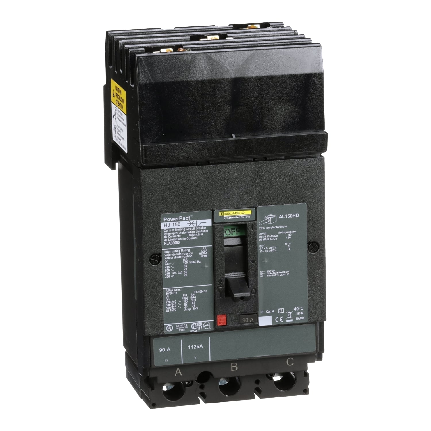 HJA36090 PowerPact 80% Rated Type HJA Molded Case Circuit Breaker, 600 V AC/250 V DC, 90 A, 100 kA at 240 VAC/65 kA at 480 VAC/25 kA at 600 VAC/20 kA at 250VDC Interrupt, 3 Poles, Thermal Magnetic Trip