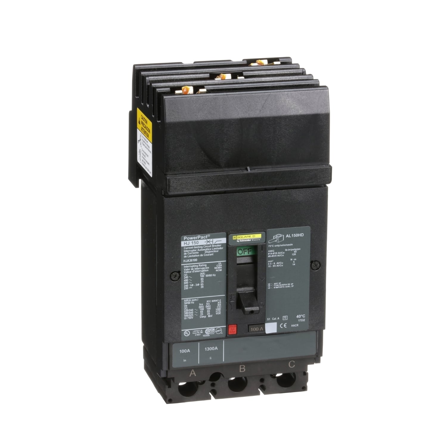 HJA36100 PowerPact 80% Rated Type HJA Molded Case Circuit Breaker, 600 V AC/250 V DC, 100 A, 100 kA at 240 VAC/65 kA at 480 VAC/25 kA at 600 VAC/20 kA at 250VDC Interrupt, 3 Poles, Thermal Magnetic Trip