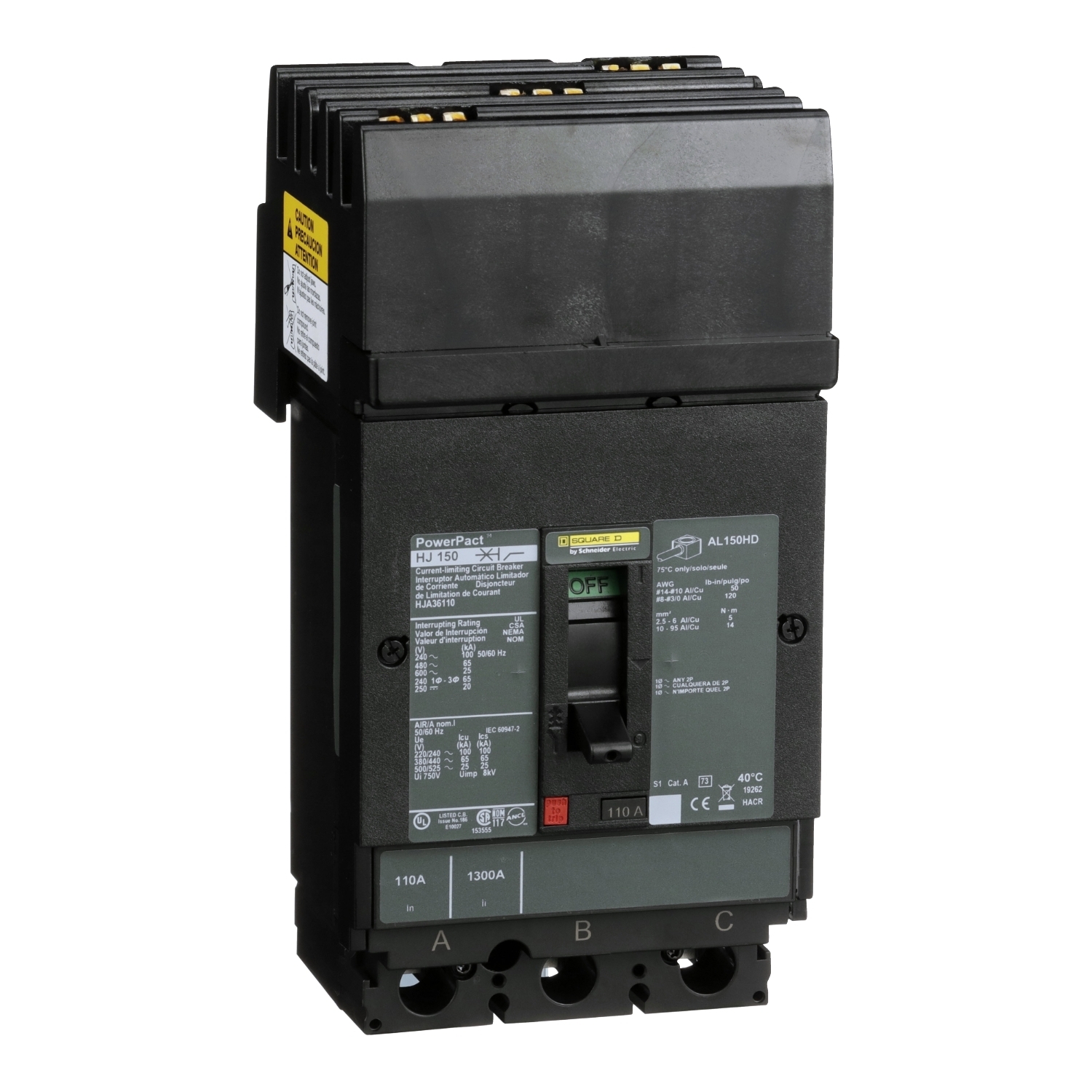 HJA36110 I-Line PowerPact 80% Rated Type HJA Molded Case Circuit Breaker, 600 V AC/250 V DC, 110 A, 250 VDC/600 VAC/65 kA at 480 VAC/25 kA at 600 VAC/100 kA at 240 VAC/20 kA at 250 VDC Interrupt, 3 Poles, Thermal Magnetic Trip