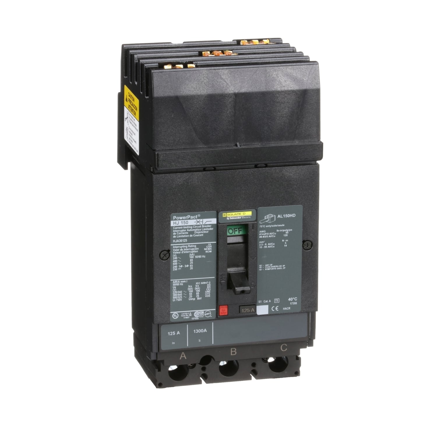 HJA36125 PowerPact 80% Rated Type HJA Molded Case Circuit Breaker, 600 V AC/250 V DC, 125 A, 100 kA at 240 VAC/65 kA at 480 VAC/25 kA at 600 VAC/20 kA at 250VDC Interrupt, 3 Poles, Thermal Magnetic Trip
