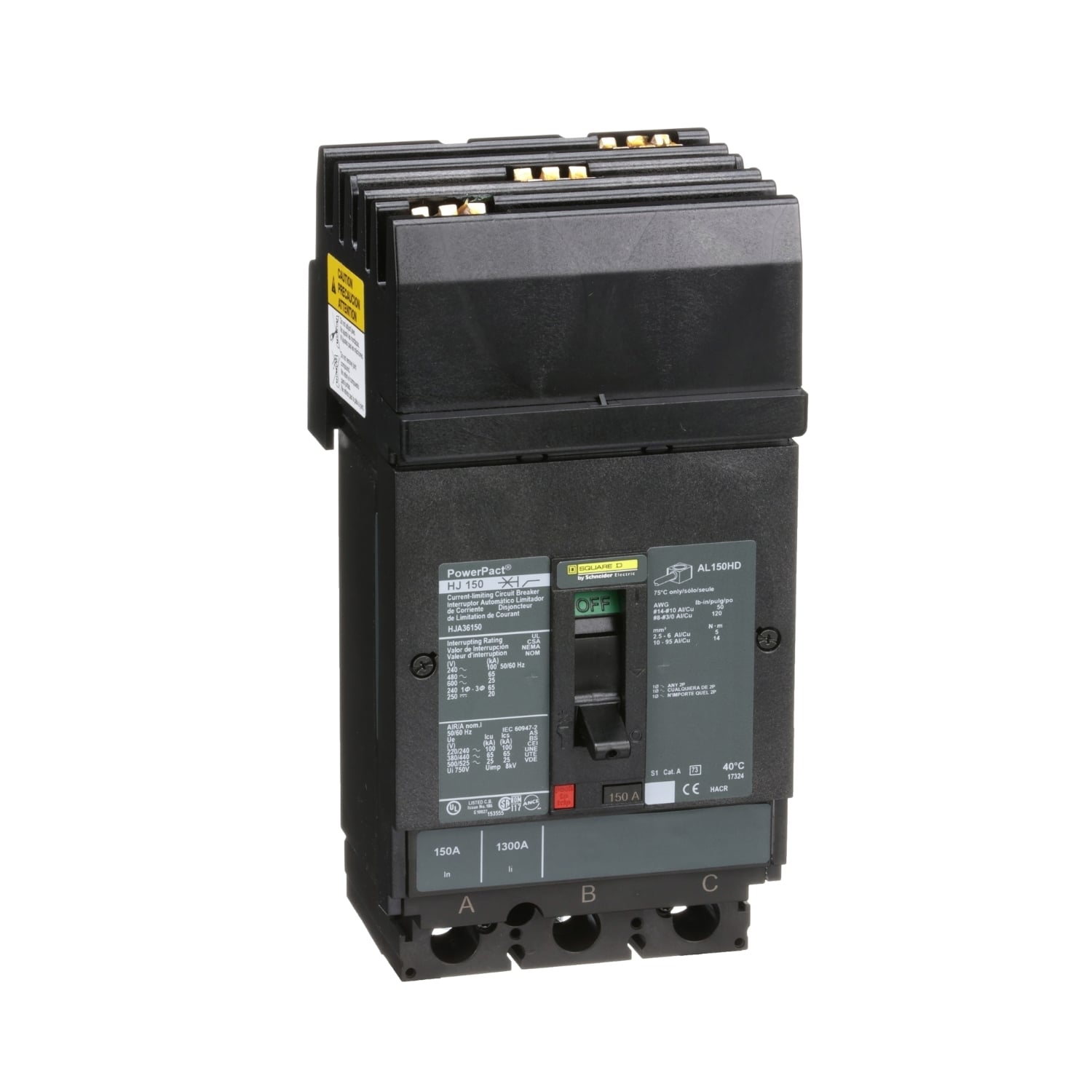 HJA36150 PowerPact 80% Rated Type HJA Molded Case Circuit Breaker, 600 V AC/250 V DC, 150 A, 100 kA at 240 VAC/65 kA at 480 VAC/25 kA at 600 VAC/20 kA at 250VDC Interrupt, 3 Poles, Thermal Magnetic Trip