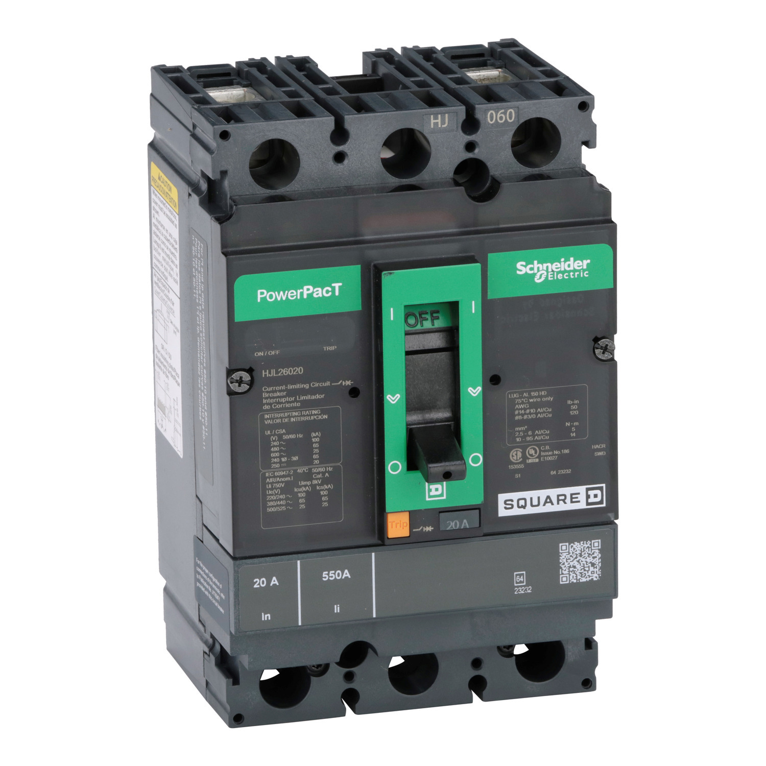 HJL26020 PowerPact Type HJL Molded Case Circuit Breaker, 600 V AC/250 V DC, 20 A, 100 kA at 240 VAC/65 kA at 480 VAC/25 kA at 600 VAC/20 kA at 250 VDC Interrupt, 2 Poles, Thermal Magnetic Trip