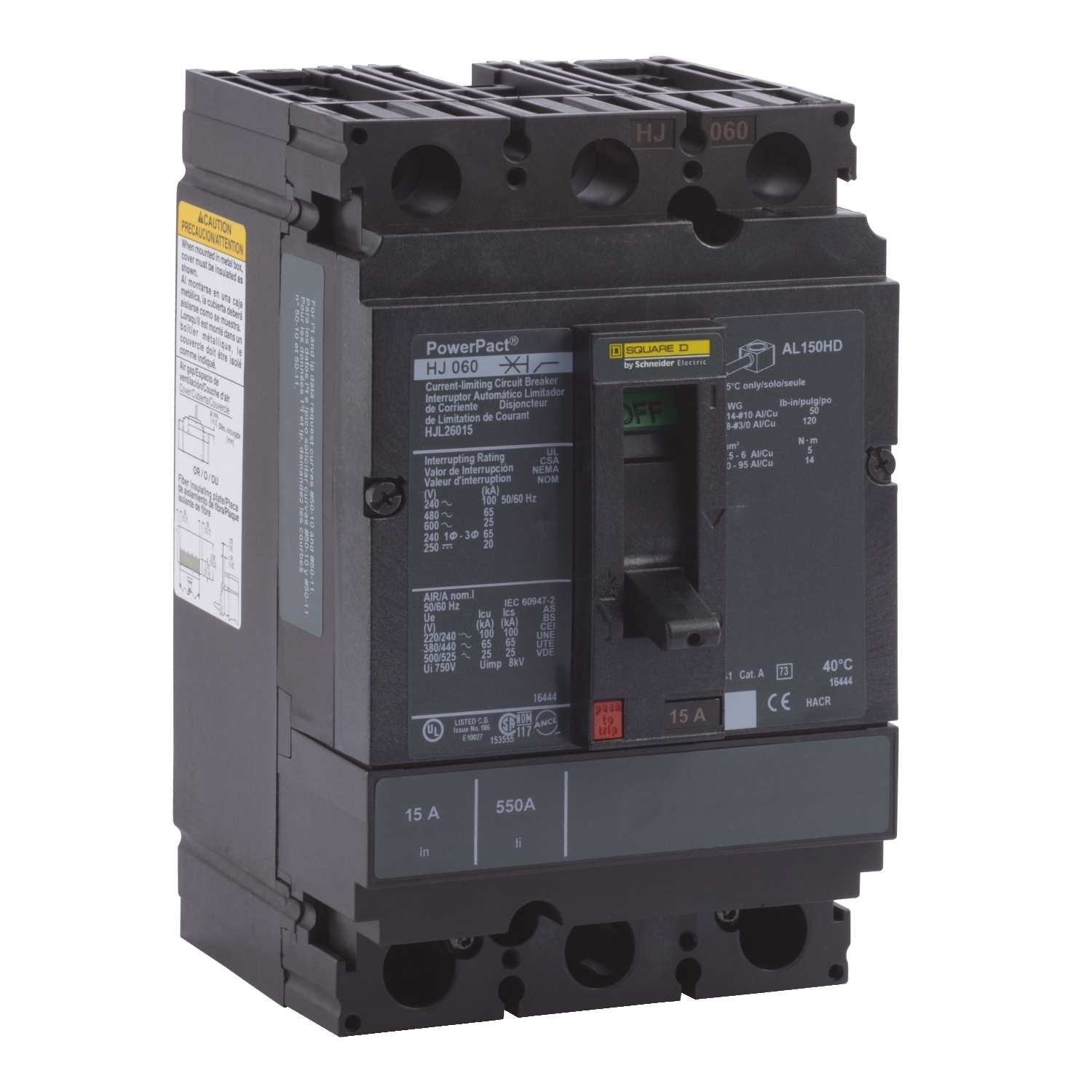 HJL26040 PowerPact 80% Rated Type HJL Molded Case Circuit Breaker, 600 V AC/250 V DC, 40 A, 250 VDC/600 VAC/65 kA at 480 VAC/25 kA at 600 VAC/100 kA at 240 VAC/20 kA at 250 VDC Interrupt, 2 Poles, Thermal Magnetic Trip