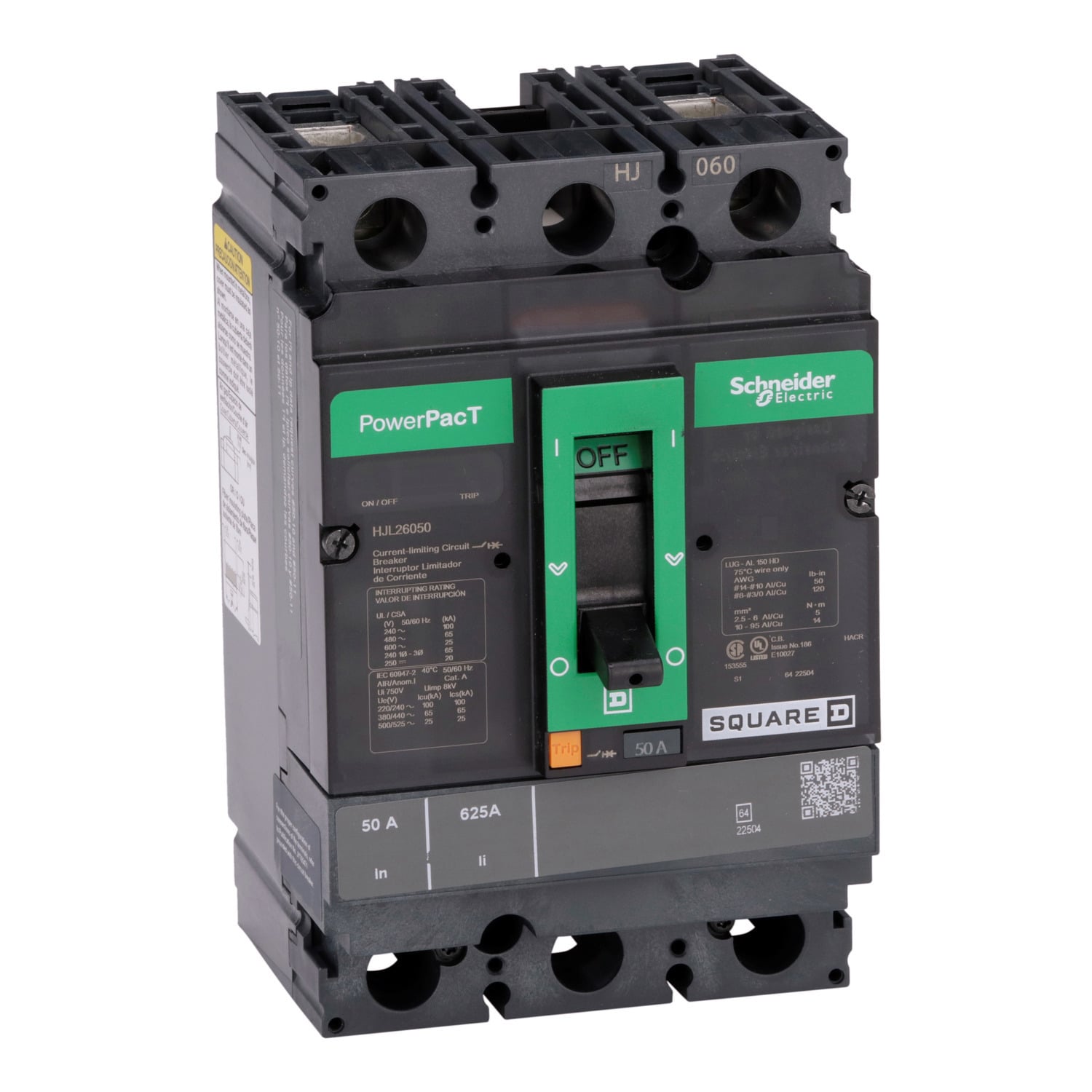 HJL26050 PowerPact Type HJL Molded Case Circuit Breaker, 600 V AC/250 V DC, 50 A, 20/25/65/100 kA Interrupt, 2 Poles, Thermal Magnetic Trip