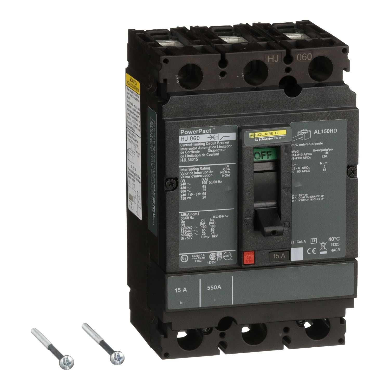 HJL36015 PowerPact 80% Rated Type HJL Molded Case Circuit Breaker, 600 V AC/250 V DC, 15 A, 100 kA at 240 VAC/65 kA at 480 VAC/25 kA at 600 VAC/20 kA at 250VDC Interrupt, 3 Poles, Thermal Magnetic Trip