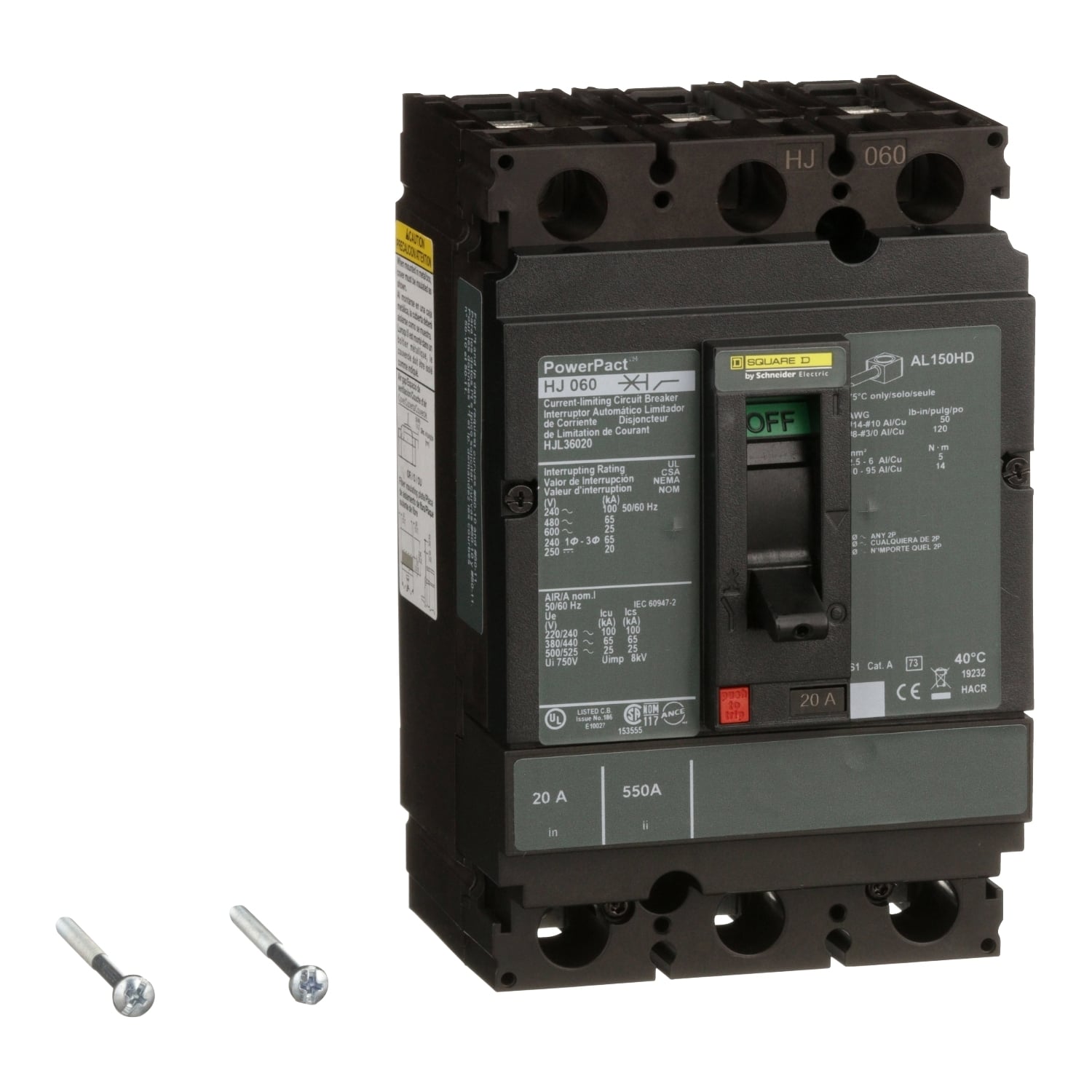 HJL36020 PowerPact 80% Rated Type HJL Molded Case Circuit Breaker, 600 V AC/250 V DC, 20 A, 100 kA at 240 VAC/65 kA at 480 VAC/25 kA at 600 VAC/20 kA at 250VDC Interrupt, 3 Poles, Thermal Magnetic Trip