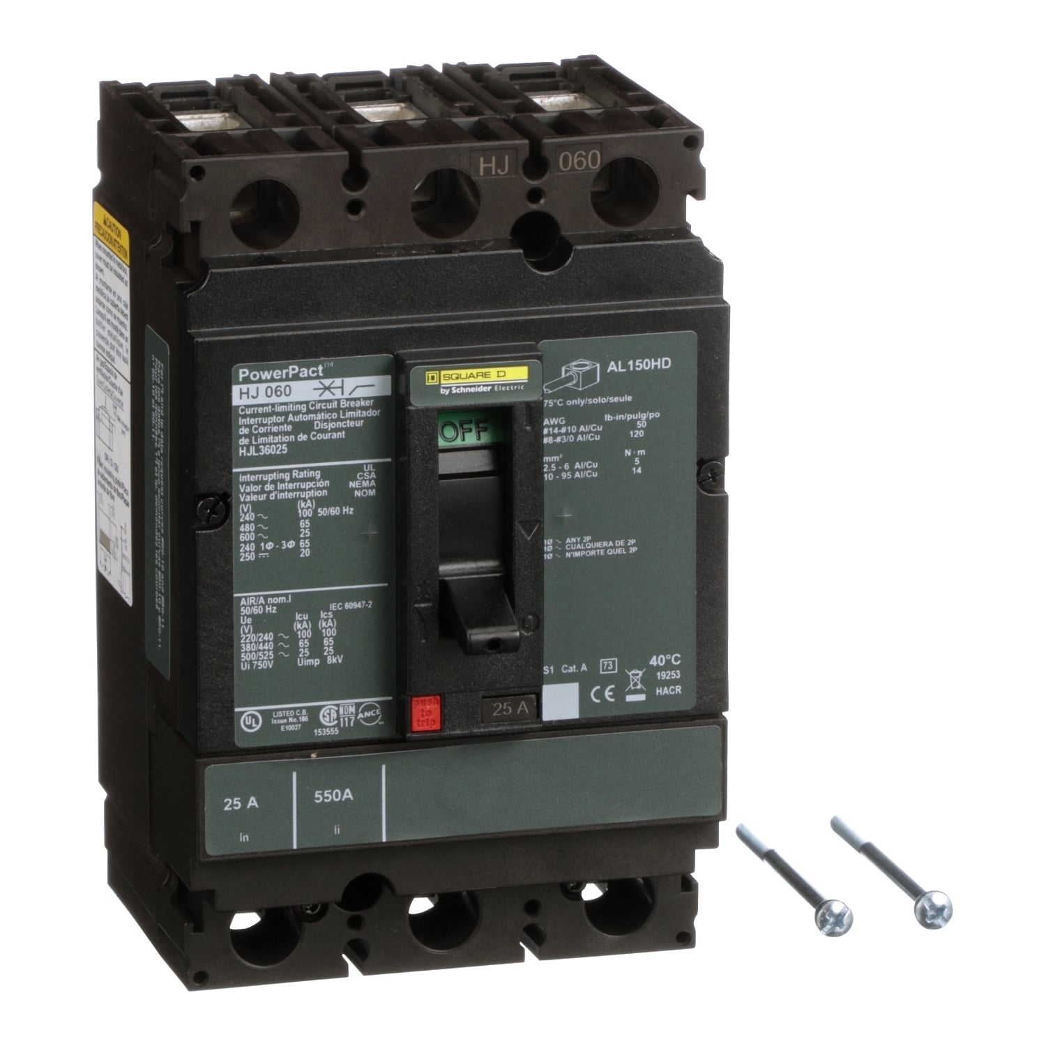 HJL36025 PowerPact 80% Rated Type HJL Molded Case Circuit Breaker, 600 V AC/250 V DC, 25 A, 250 VDC/600 VAC/65 kA at 480 VAC/25 kA at 600 VAC/100 kA at 240 VAC/20 kA at 250 VDC Interrupt, 3 Poles, Thermal Magnetic Trip