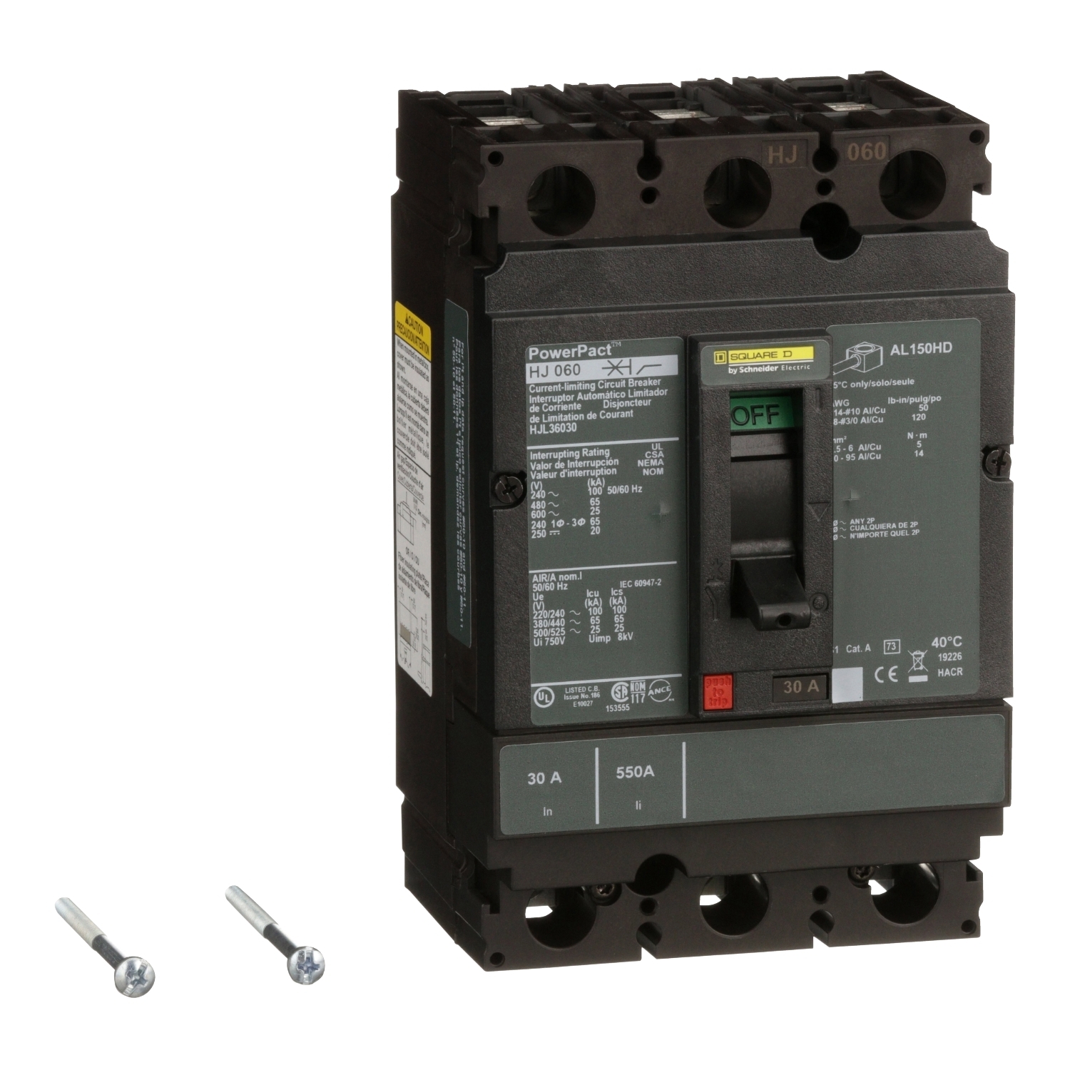 HJL36030 PowerPact 80% Rated Type HJL Molded Case Circuit Breaker, 600 V AC/250 V DC, 30 A, 100 kA at 240 VAC/65 kA at 480 VAC/25 kA at 600 VAC/20 kA at 250VDC Interrupt, 3 Poles, Thermal Magnetic Trip